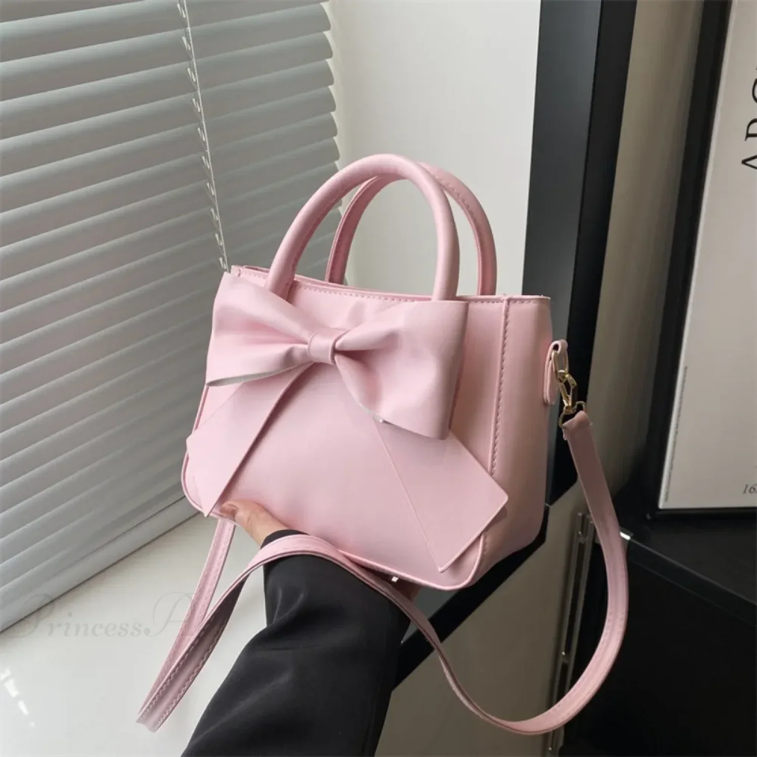 Bow PU Leather Solid Underarm Handbag - Image 9
