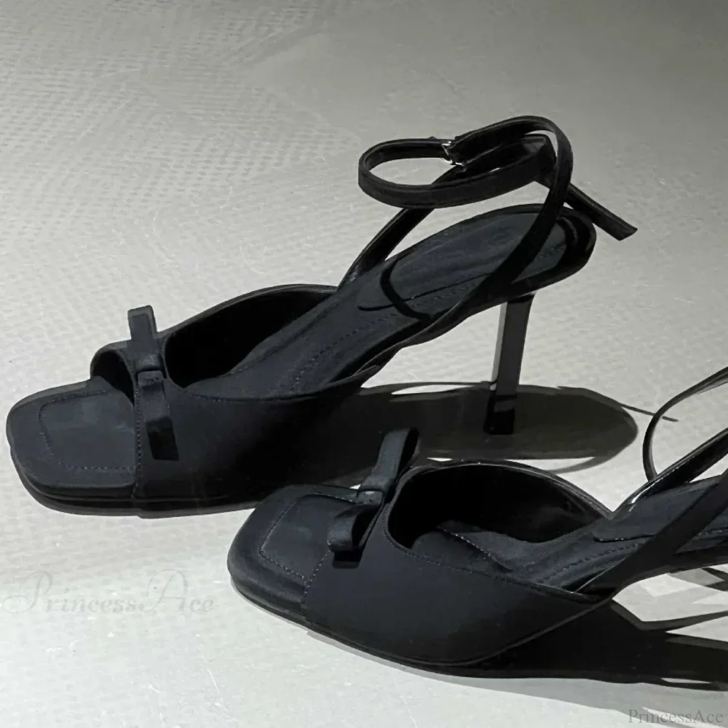 Bow Satin Luxury Designer Elegant Ankle Strap Square Toe Mules Pumps Slingback High Heel - Image 5