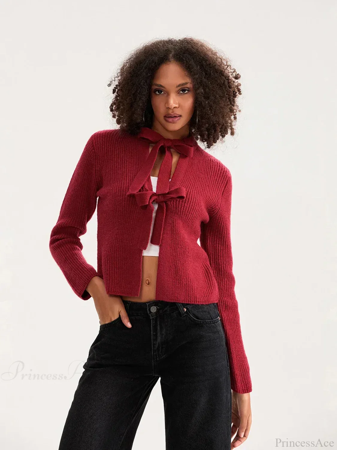 Bow Tie Front Crew Neck Knit Cardigan - Image 10