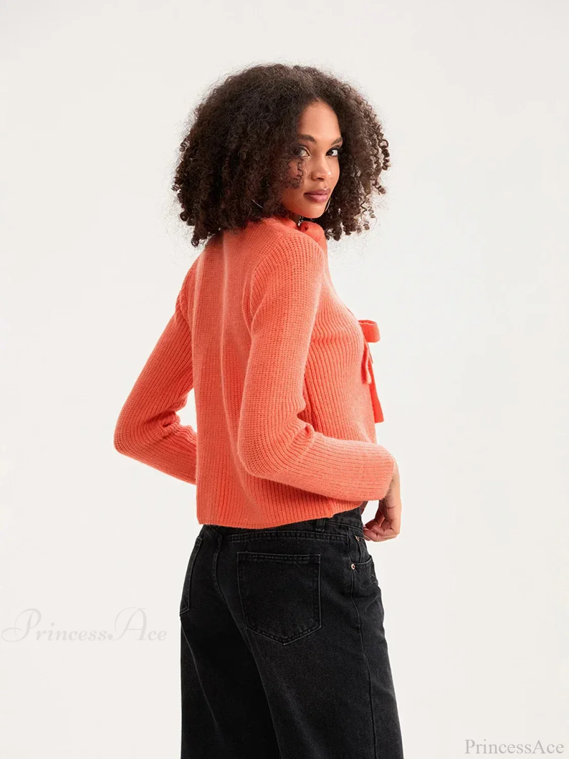 Bow Tie Front Crew Neck Knit Cardigan - Image 2