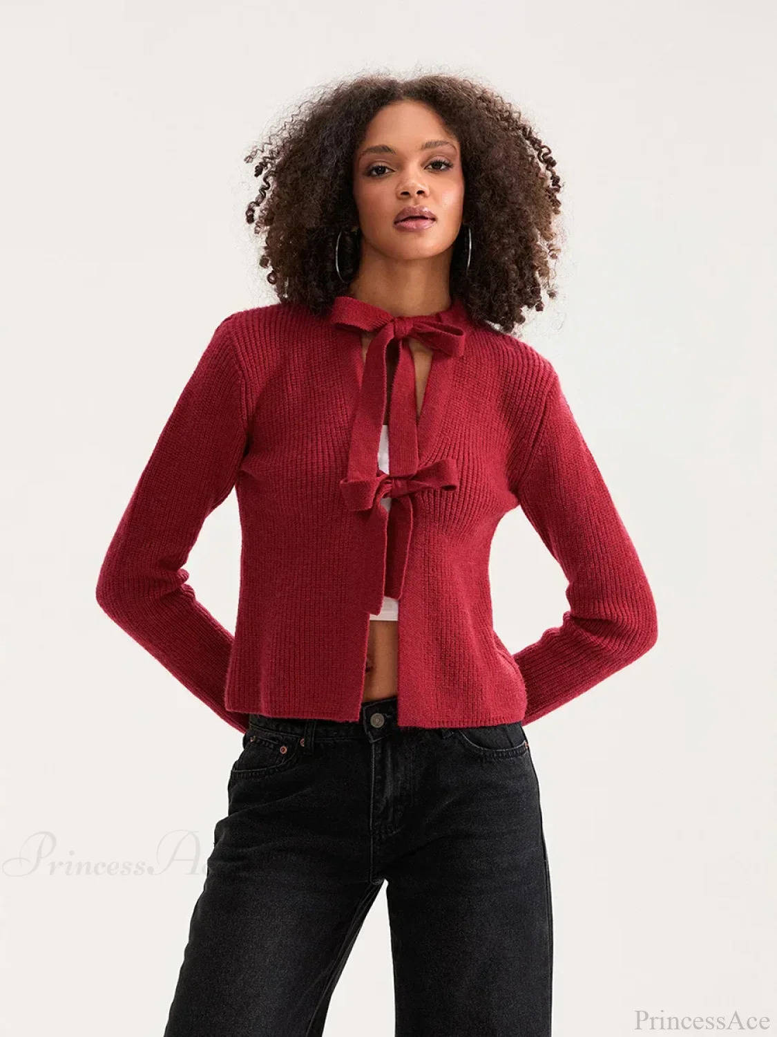 Bow Tie Front Crew Neck Knit Cardigan - Image 4