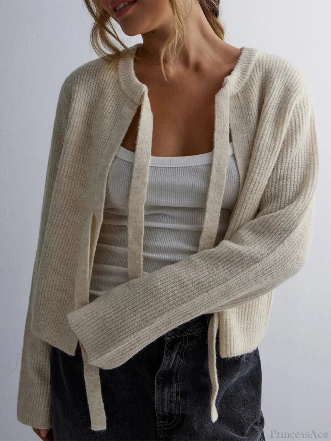 Bow Tie Front Crew Neck Knit Cardigan - Image 7