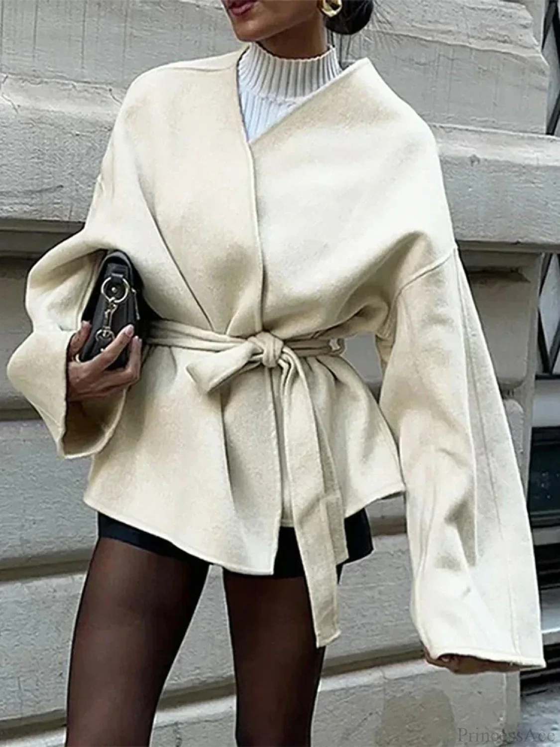 Bow Tie Lace-Up V-Neck Belted Overcoat - Image 4