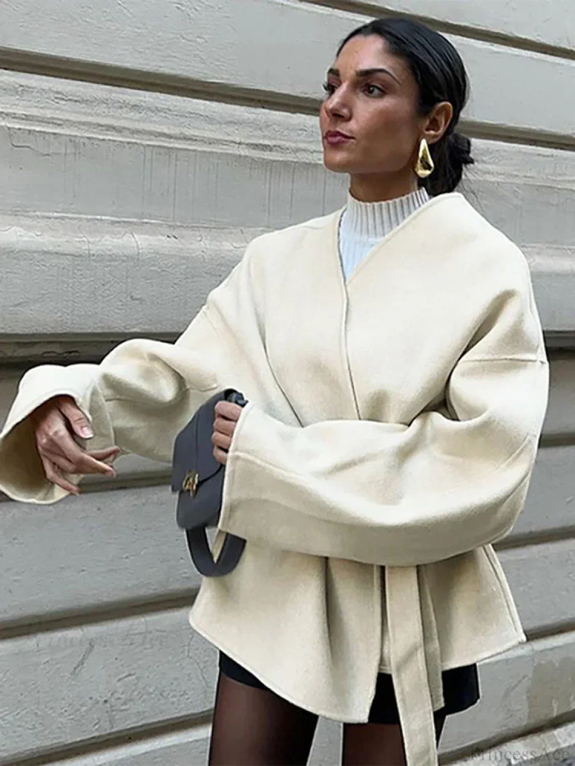 Bow Tie Lace-Up V-Neck Belted Overcoat - Image 6