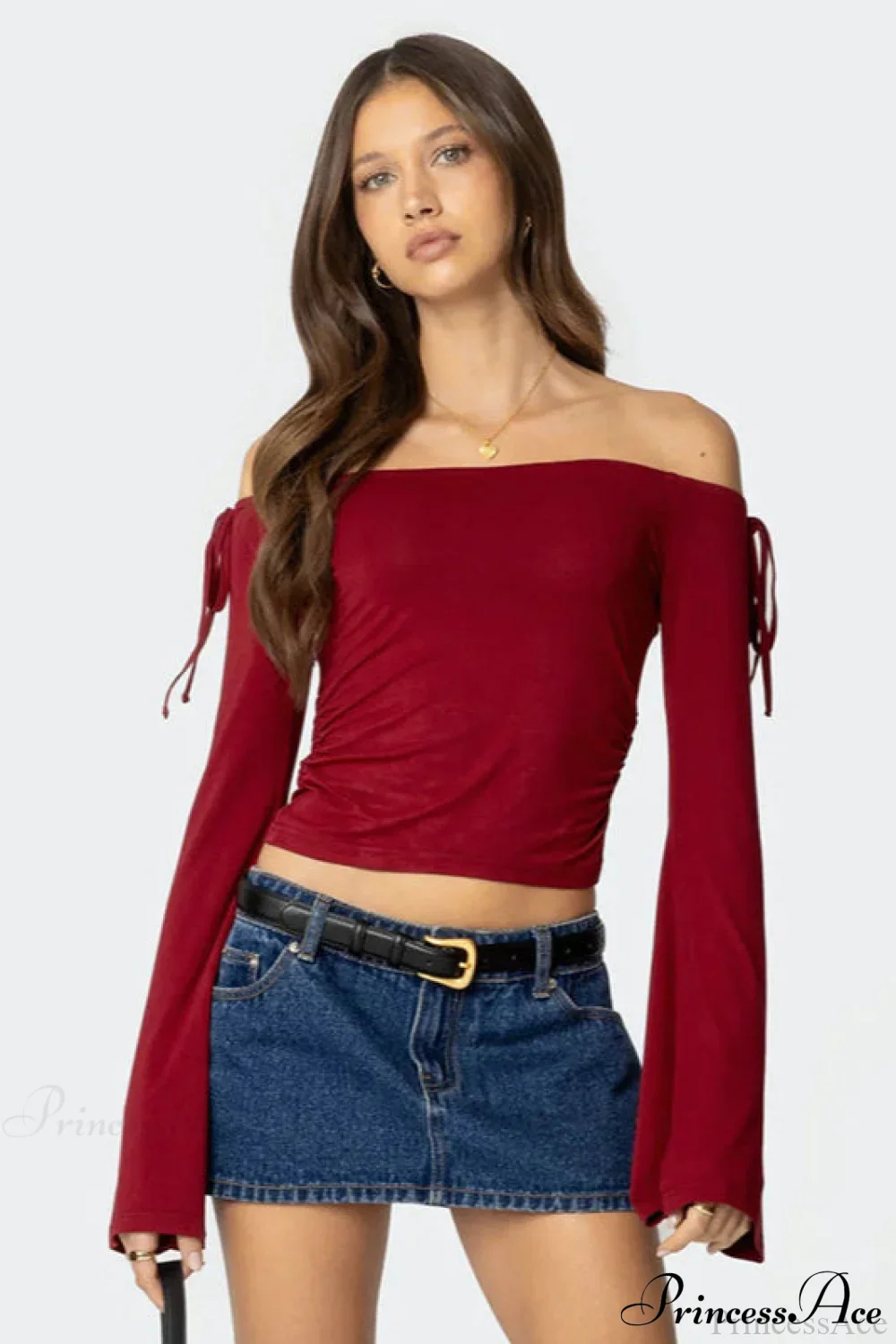 Bow Tie Off Shoulder Long Sleeve Crop Top - Image 2
