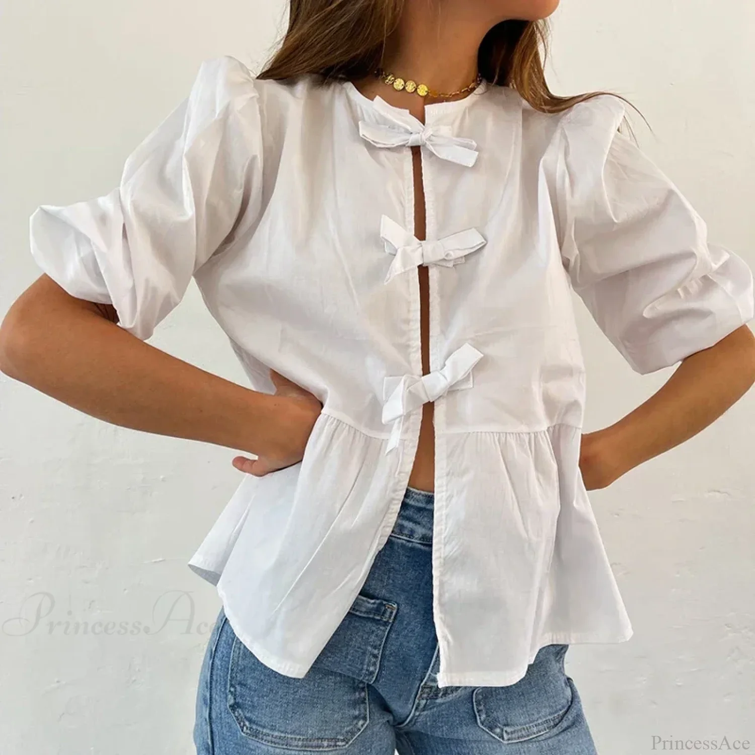 Bowknot Front Hollow Out Vintage Ruffles Puff Sleeve Elegant Sweet Y2K Crop Top - Image 10