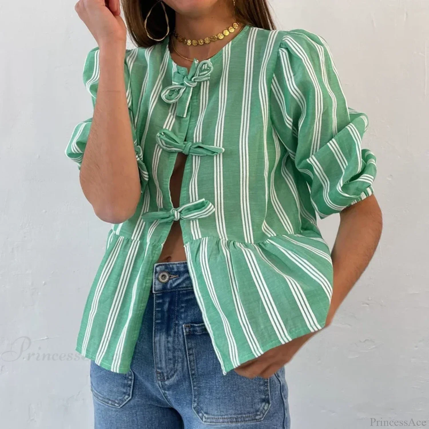 Bowknot Front Hollow Out Vintage Ruffles Puff Sleeve Elegant Sweet Y2K Crop Top - Image 3