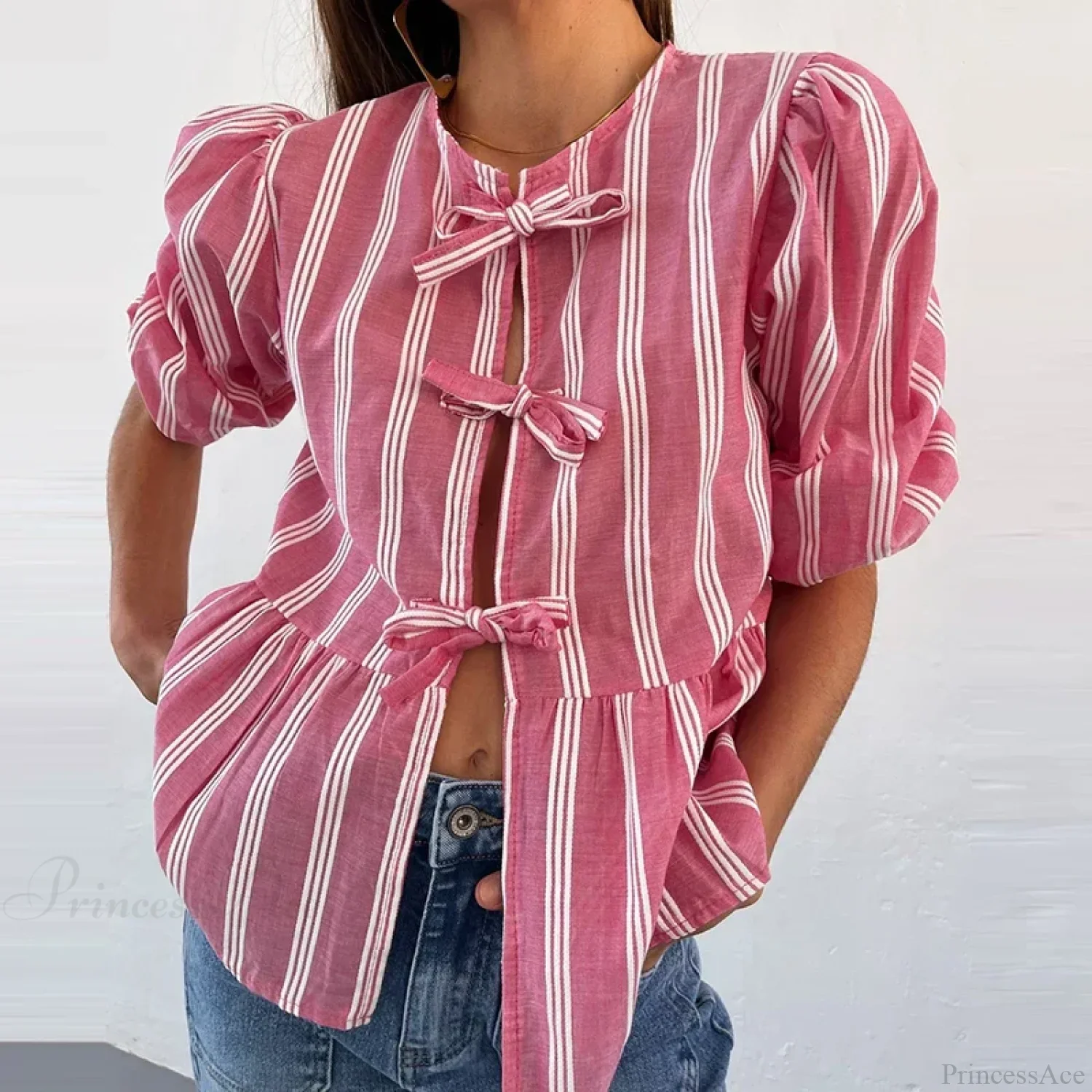 Bowknot Front Hollow Out Vintage Ruffles Puff Sleeve Elegant Sweet Y2K Crop Top - Image 4
