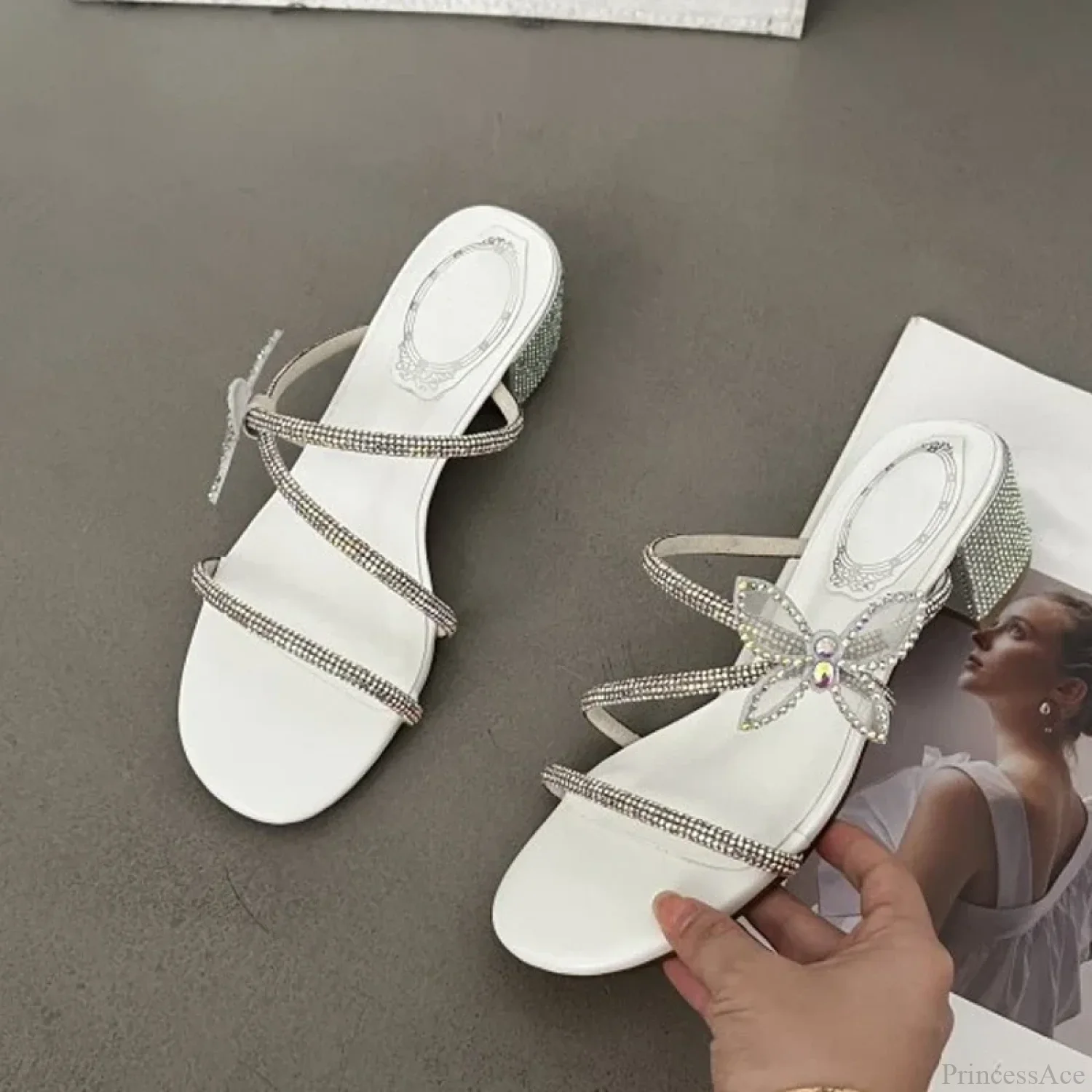 Brand Glitter Rhinestones Bowknot Narrow Band Low Heels Summer Party Sandals High Heel - Image 7