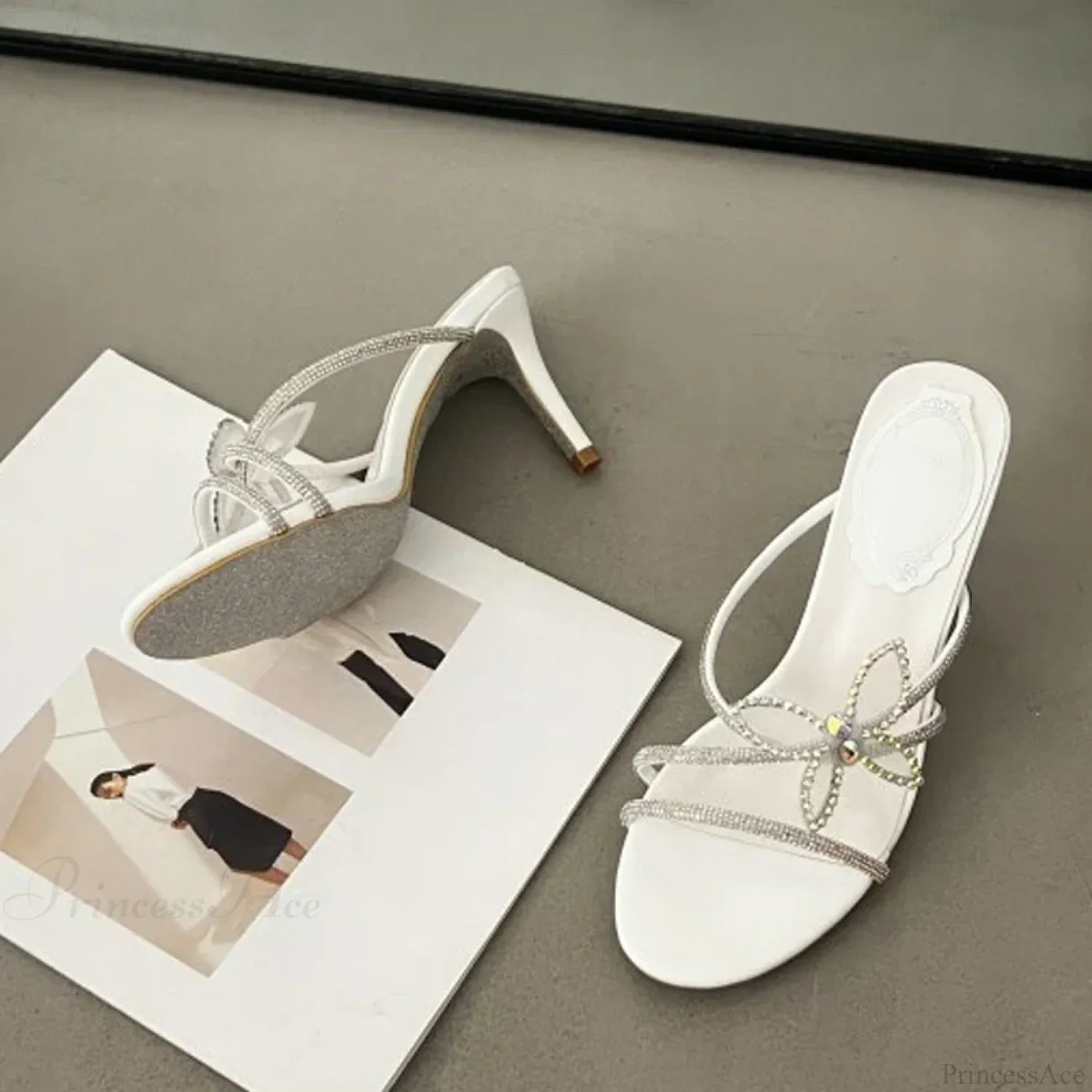 Brand Glitter Rhinestones Bowknot Narrow Band Low Heels Summer Party Sandals High Heel - Image 8