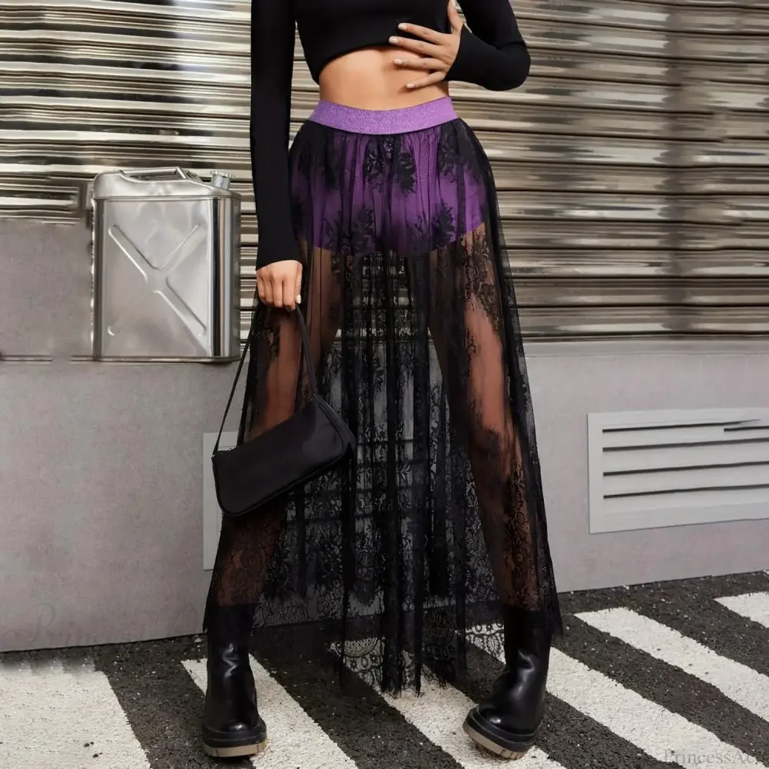 Breathable Plaid Mesh Maxi Skirt Dark Style Embroidery - Image 2