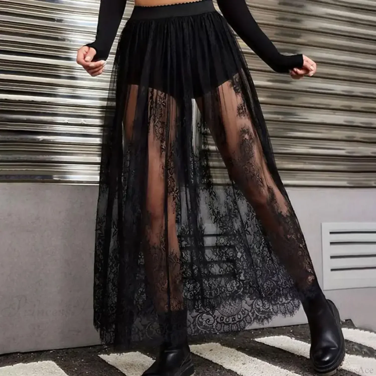 Breathable Plaid Mesh Maxi Skirt Dark Style Embroidery - Image 3