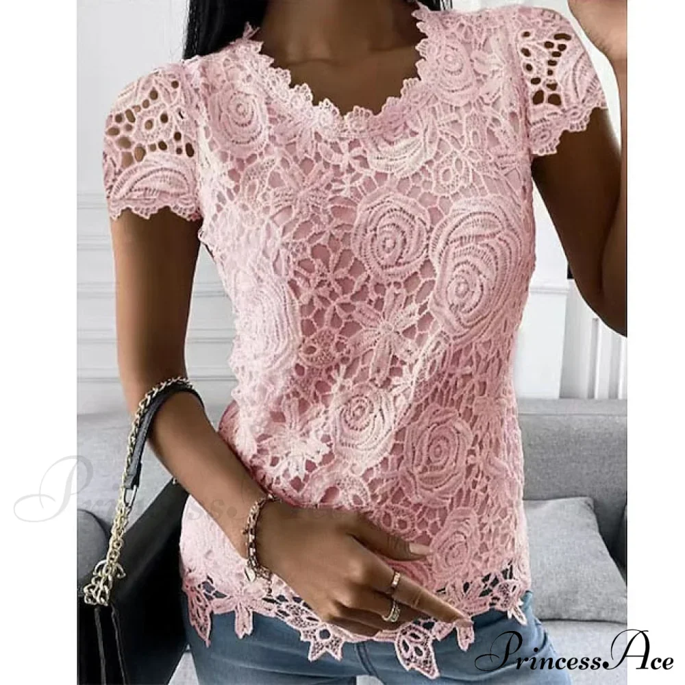 Brief Pink Neck White Casual Women's Blouse Round Black Lace Arm Basic Plain Blouse - Image 2