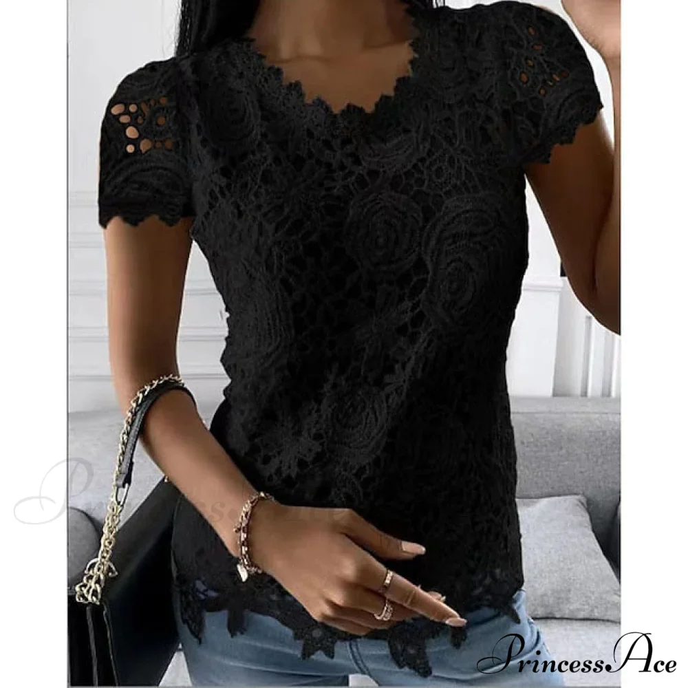 Brief Pink Neck White Casual Women's Blouse Round Black Lace Arm Basic Plain Blouse - Image 3