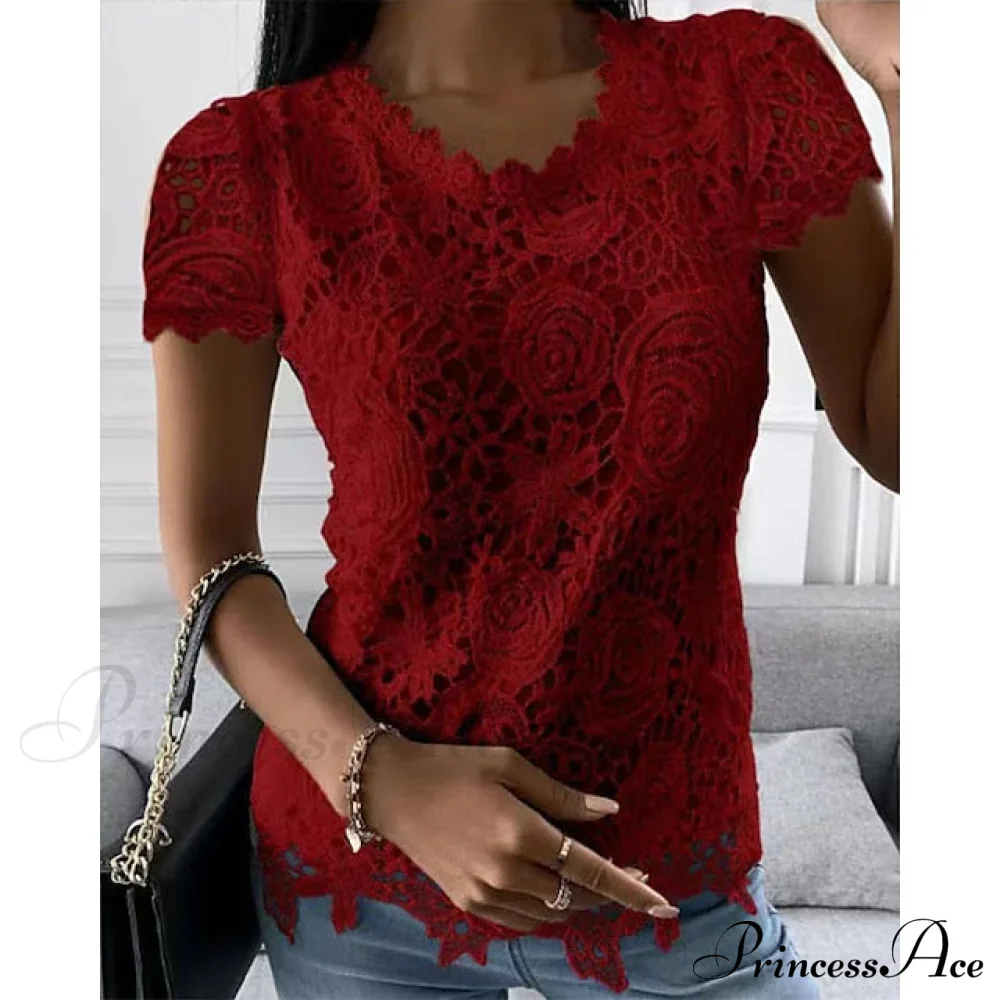 Brief Pink Neck White Casual Women's Blouse Round Black Lace Arm Basic Plain Blouse - Image 6