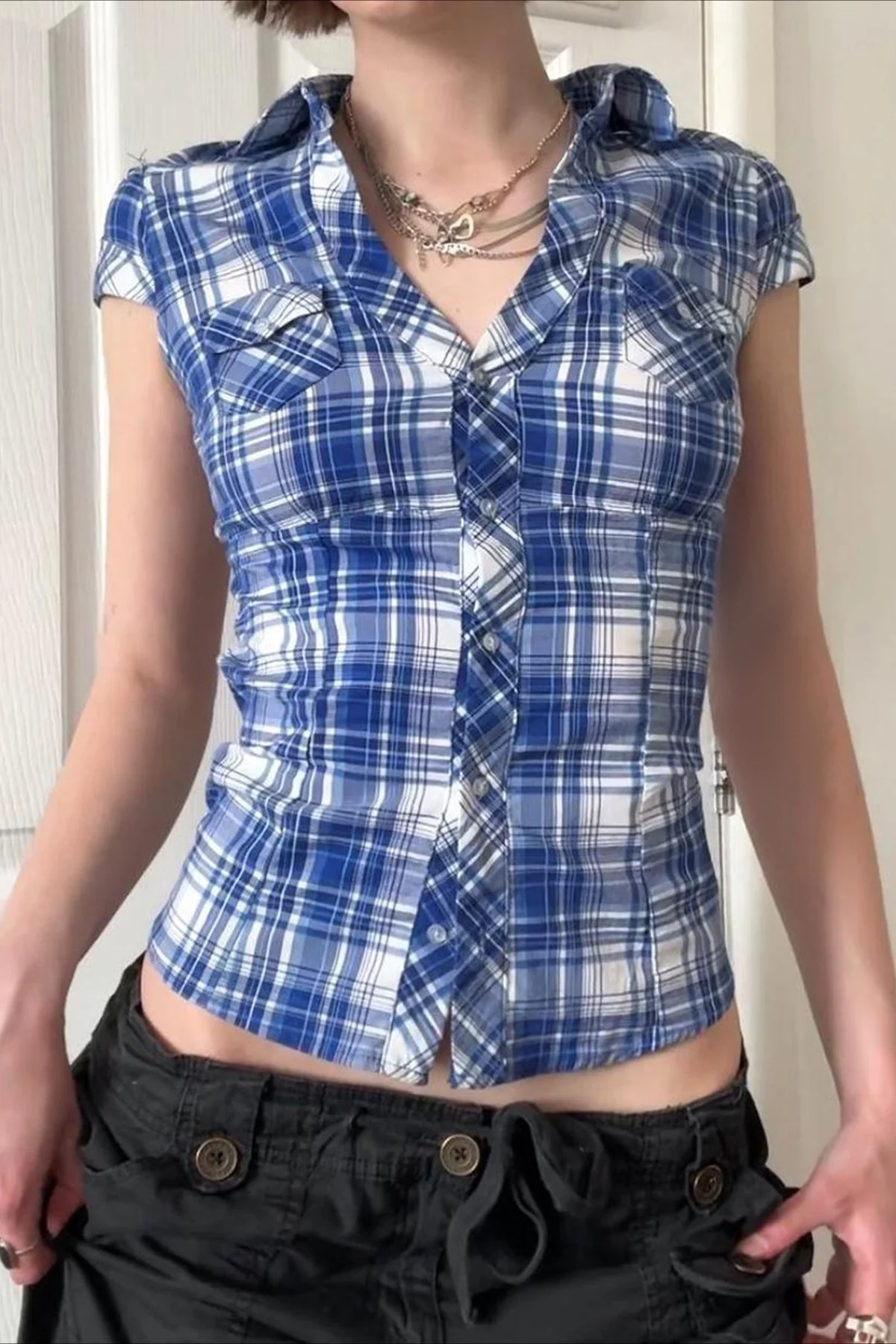 British Plaid Ruffled V Neck Puff Sleeve Blouse