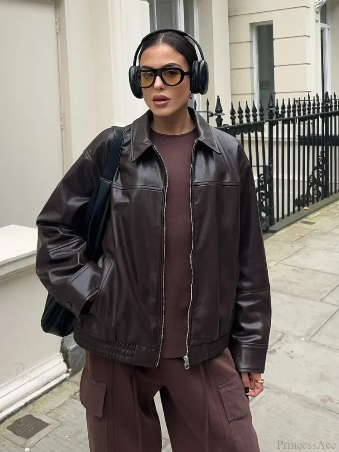 Brown Drawstring Tie Leather Coat