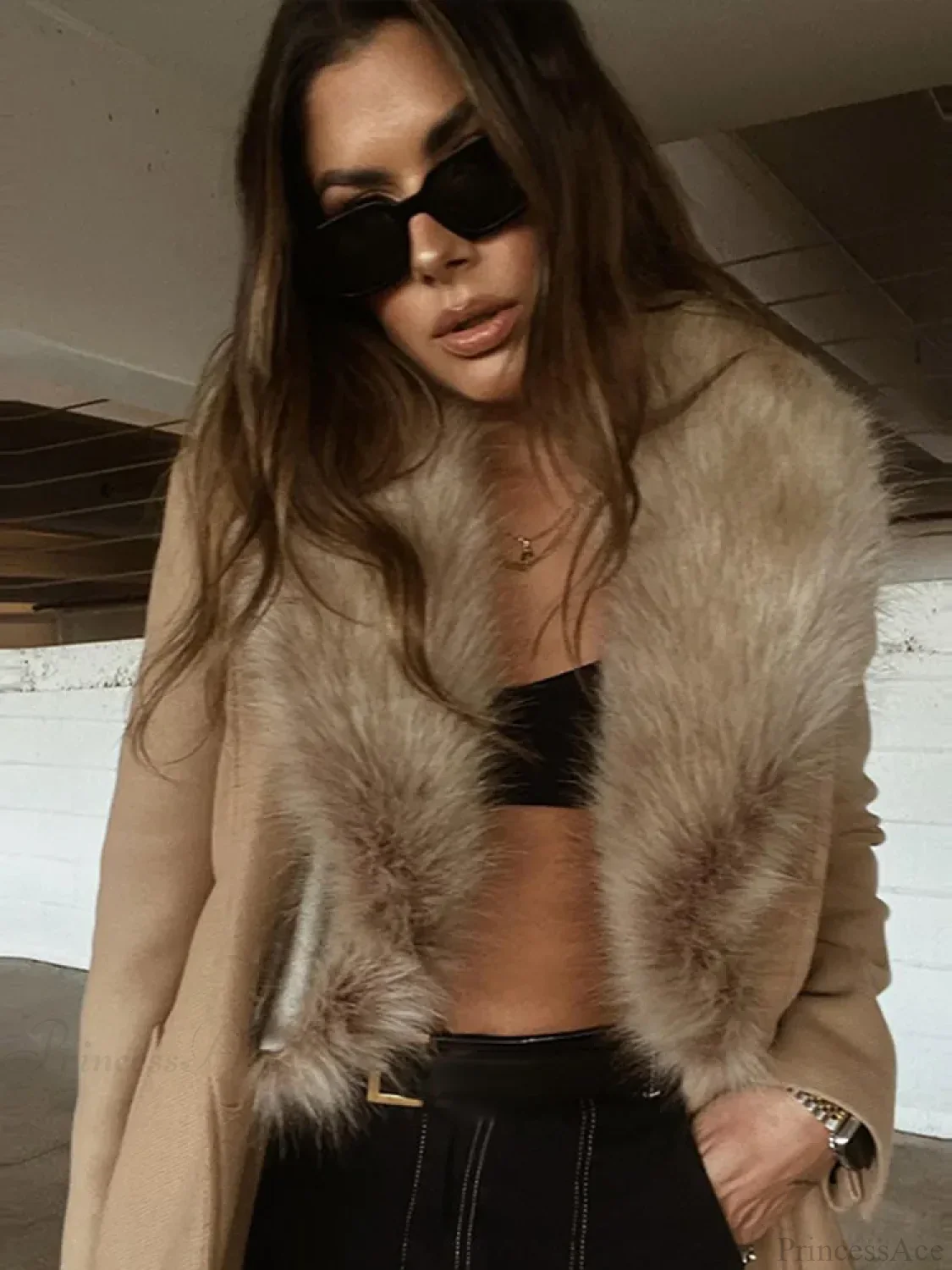 Brown Fluffy Faux Fur Casual Overcoat - Image 3