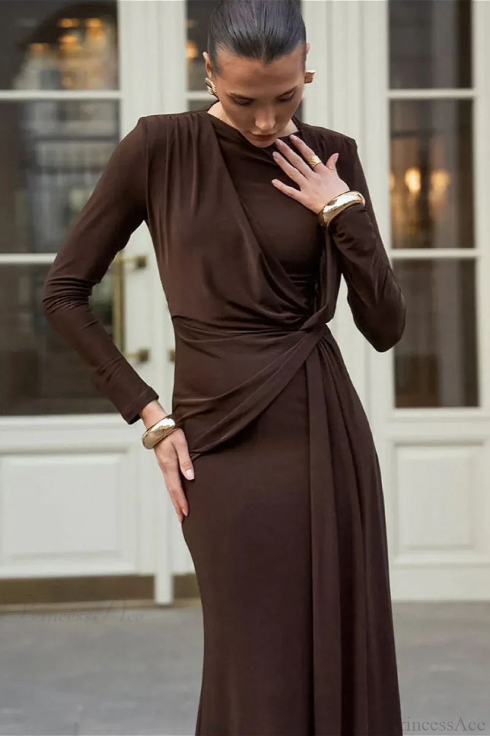 Brown Knit Round Neck Bodycon Maxi Dress - Image 3