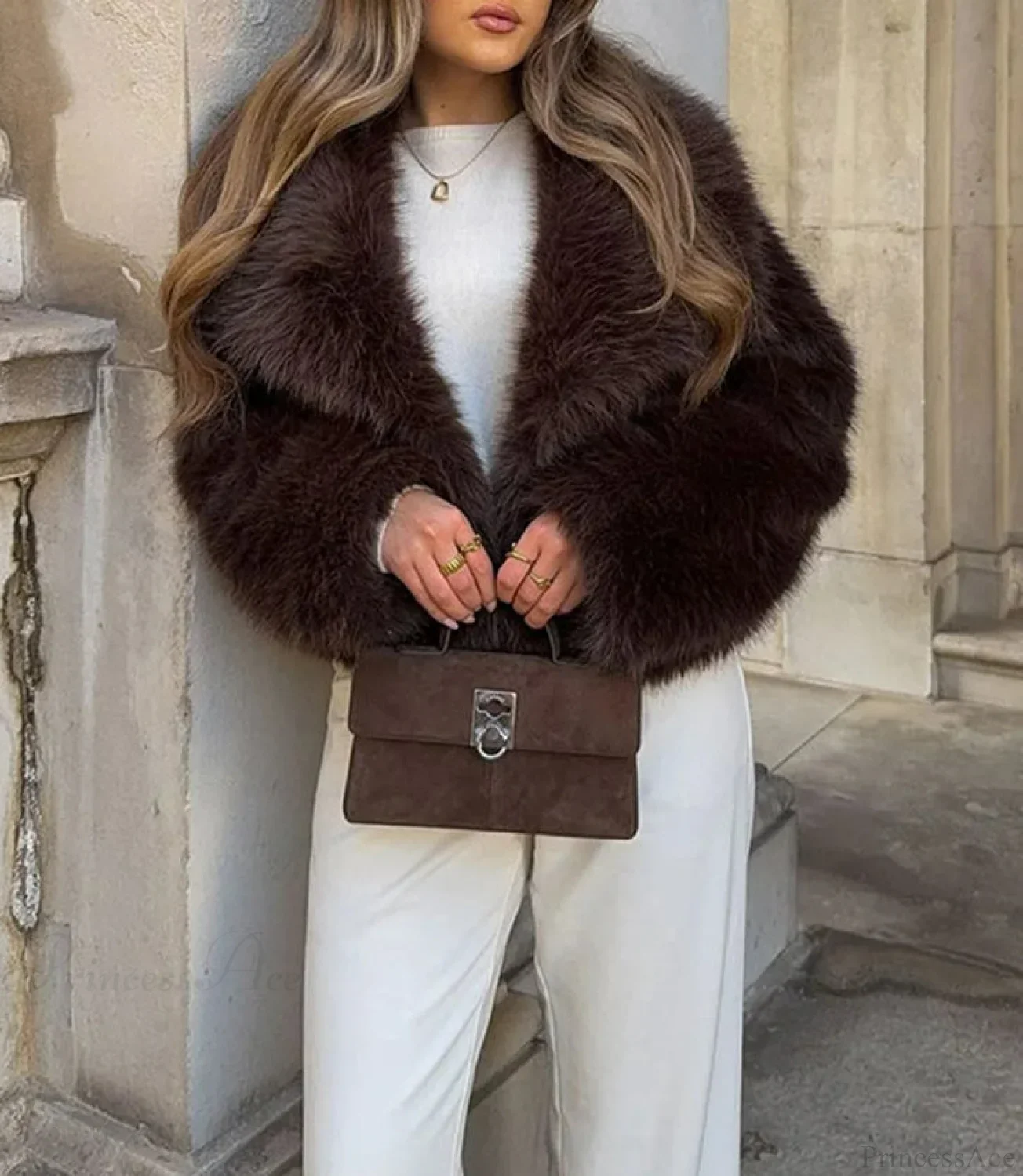 Brown Lapel Fluffy Coat - Image 2