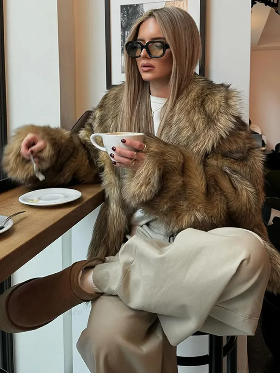Brown Oversized Plush Furry Lapel Coat - Image 2