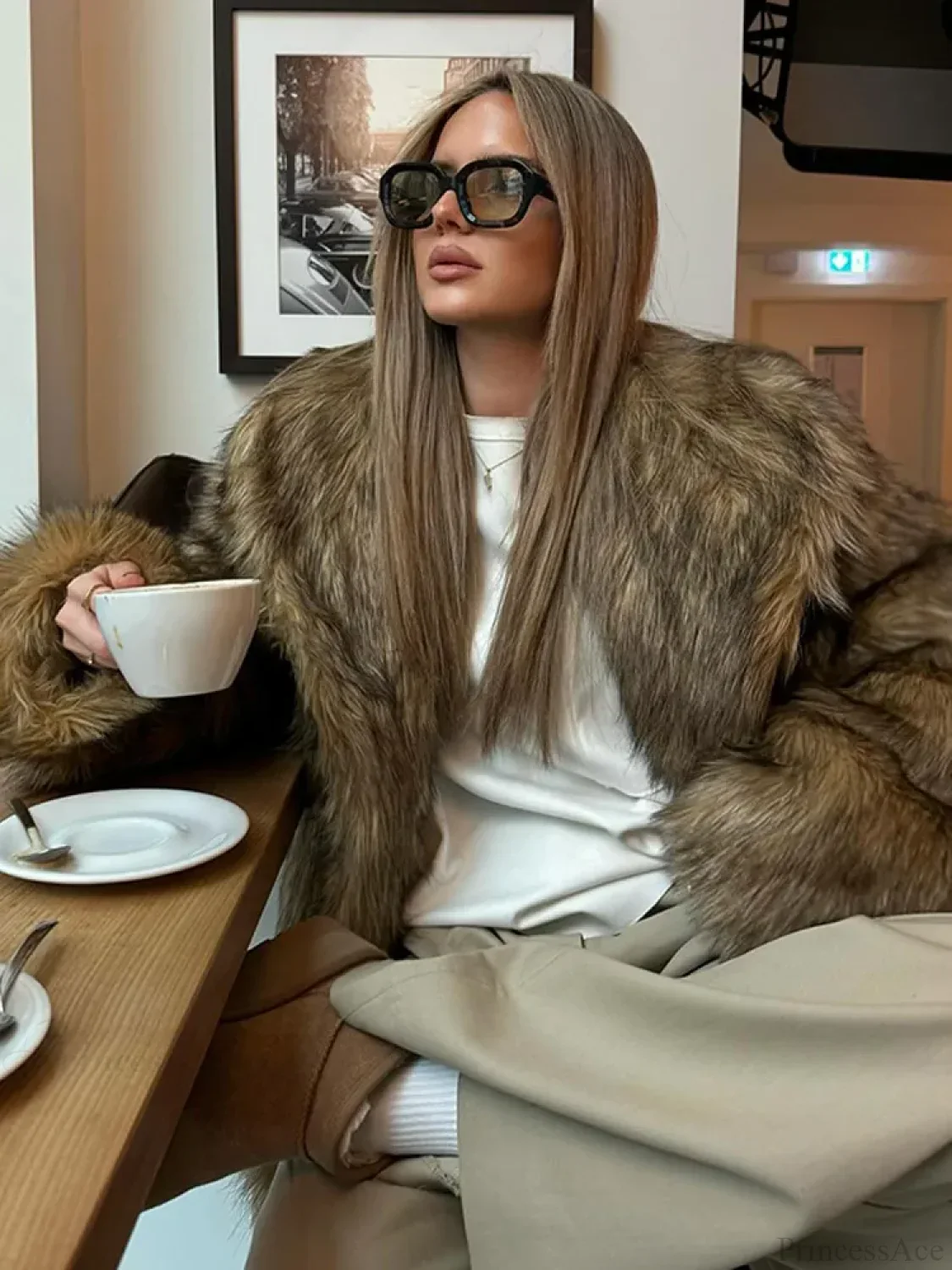 Brown Oversized Plush Furry Lapel Coat - Image 3