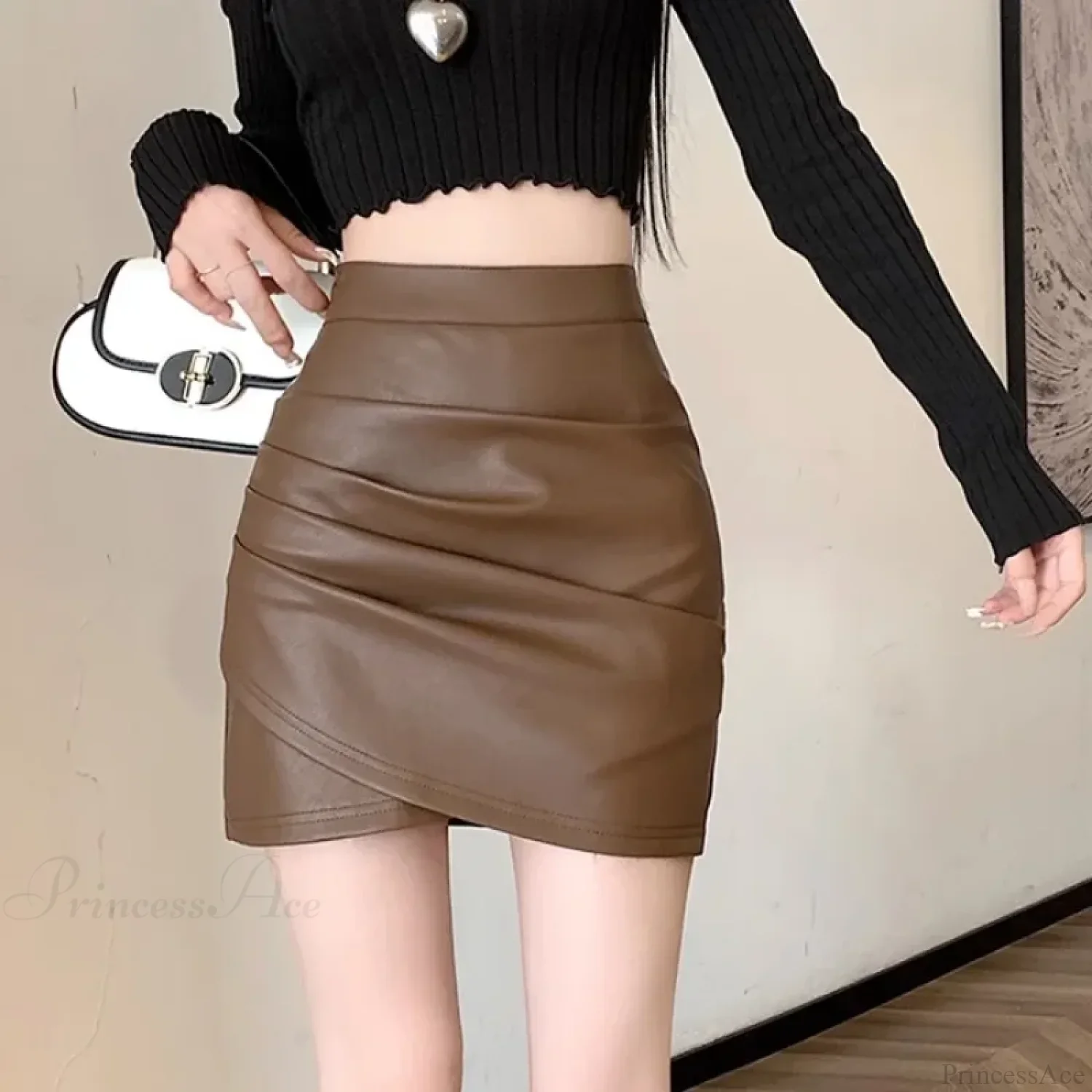 Brown PU Leather Slim Fit Skirt - Image 4
