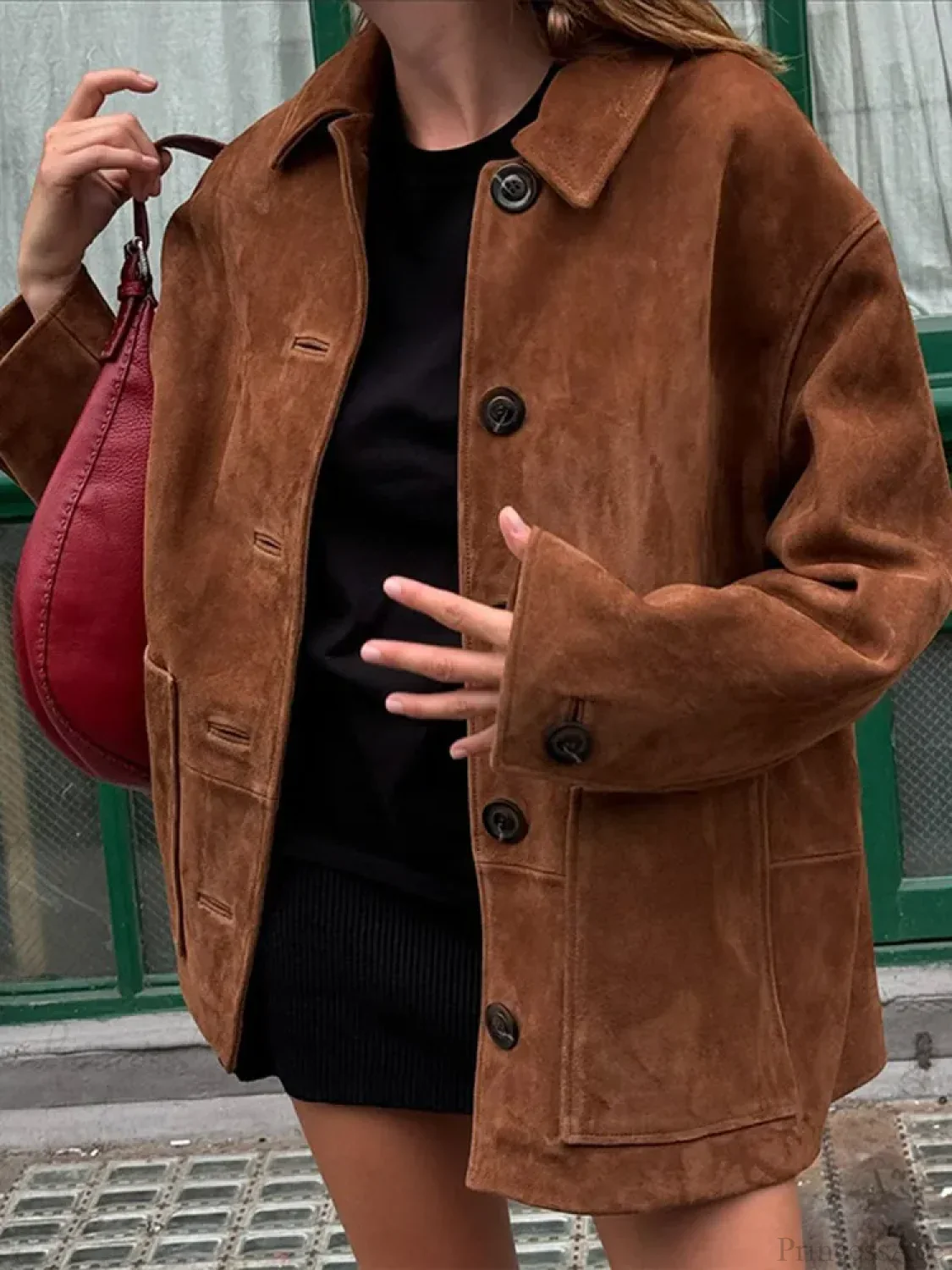 Brown Single Breasted Leather Coat - Image 4