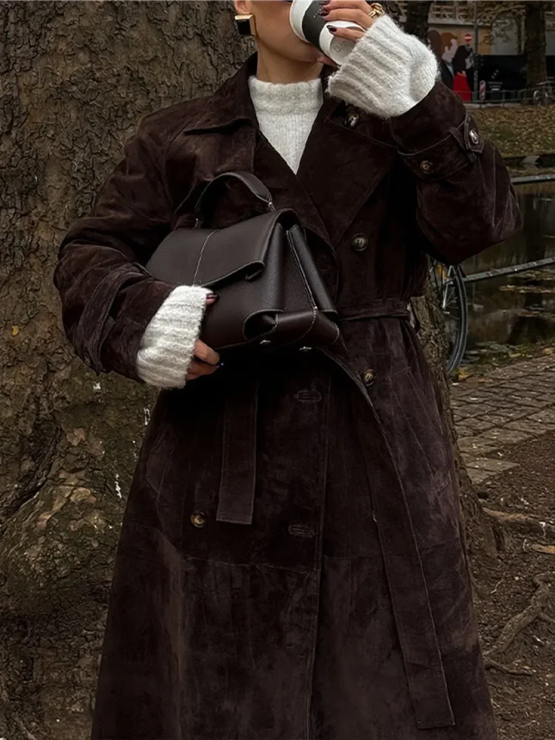 Brown Suede Leather Long Coat - Image 5