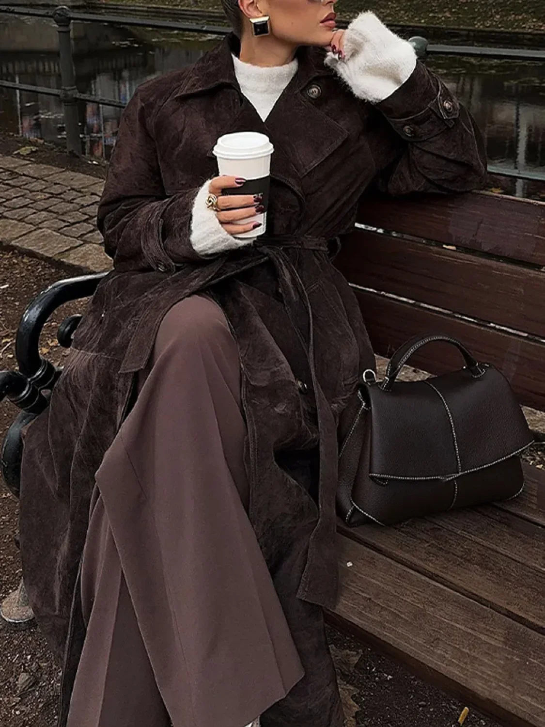 Brown Suede Leather Long Coat - Image 7