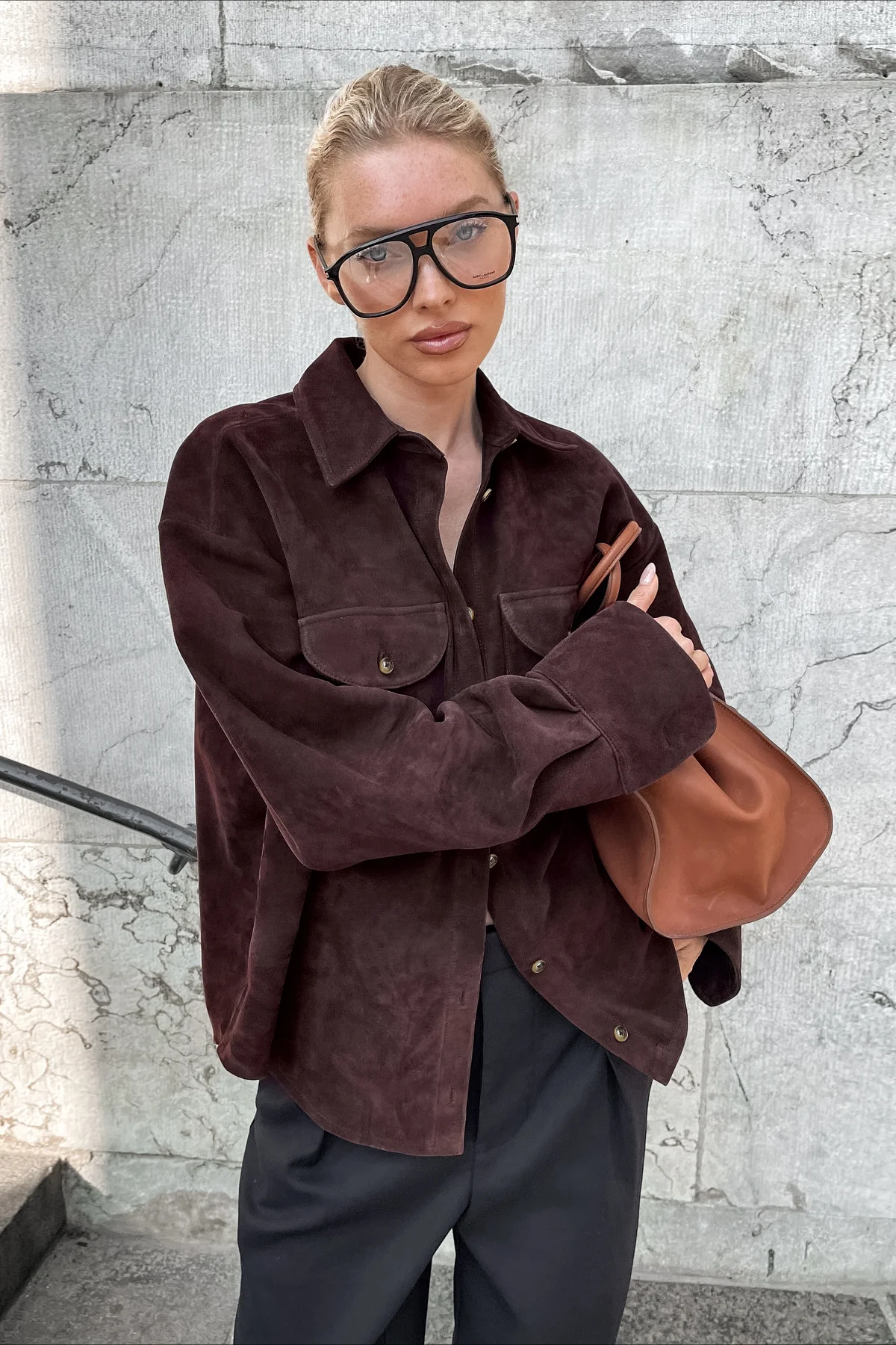 Brown Suede Loose Blazer Coat