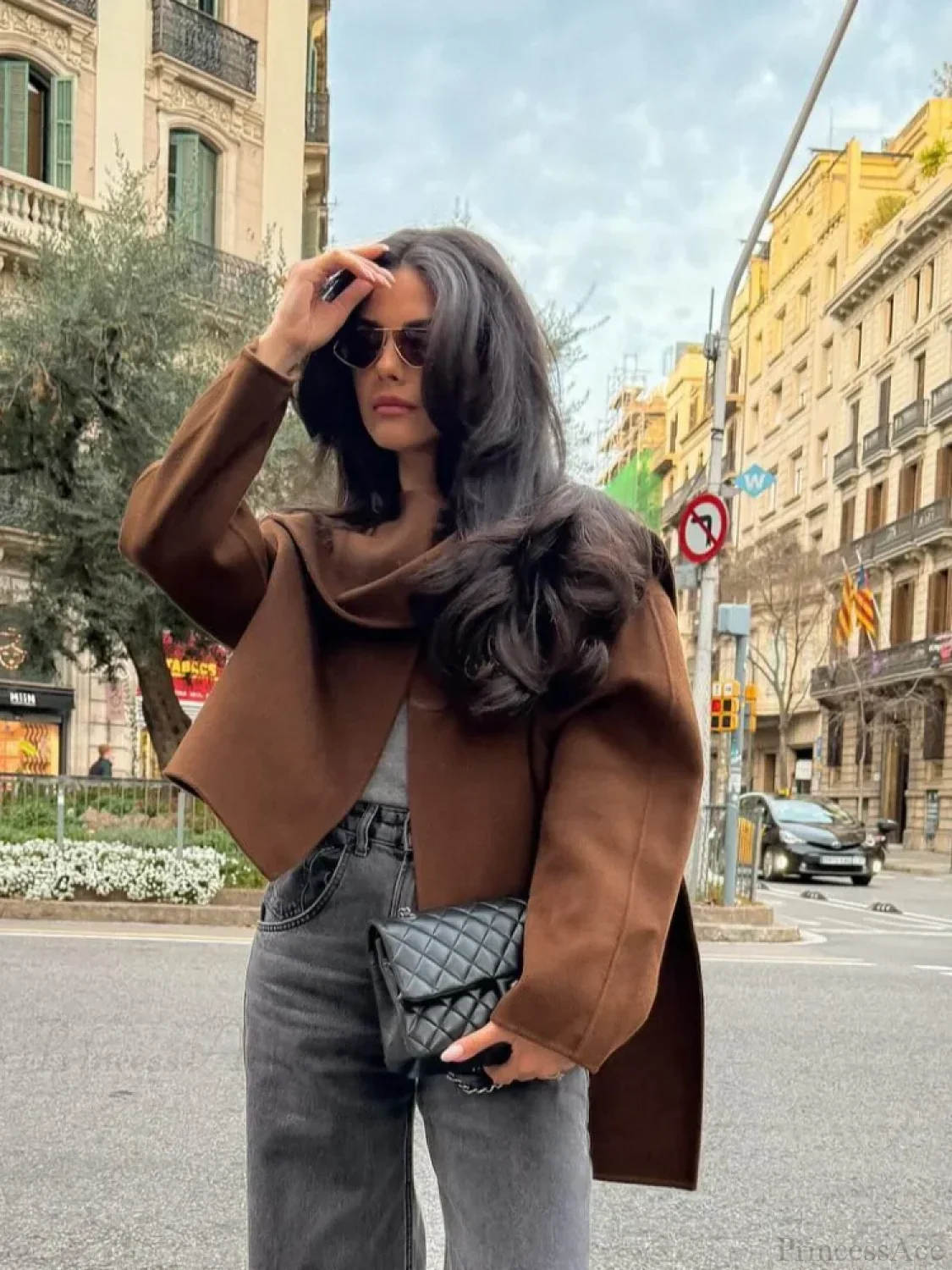 Brown Woolen Round Neck Scarf Coat - Image 2