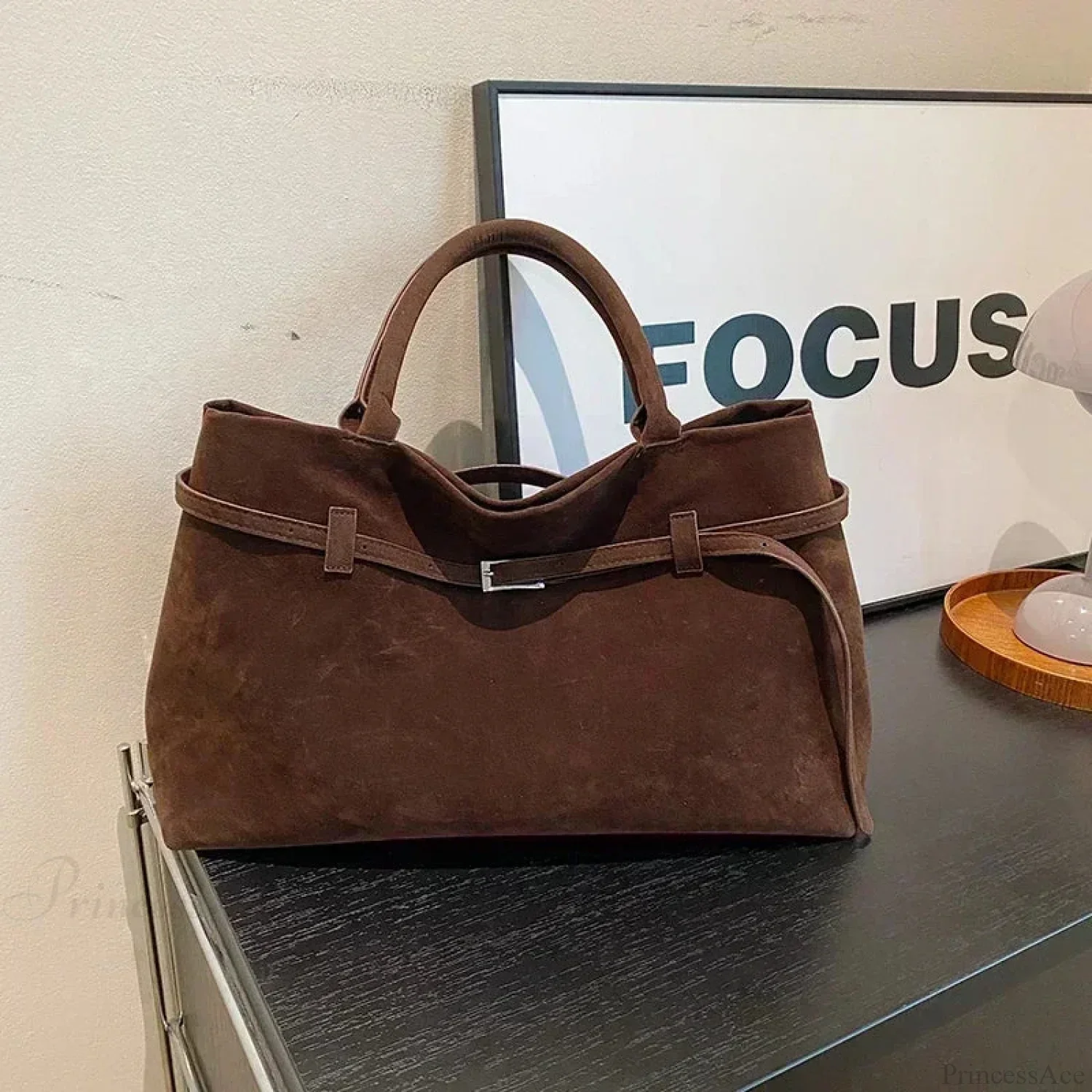 Buckle Decorative Faux Suede Hasp Large Tote Handbag