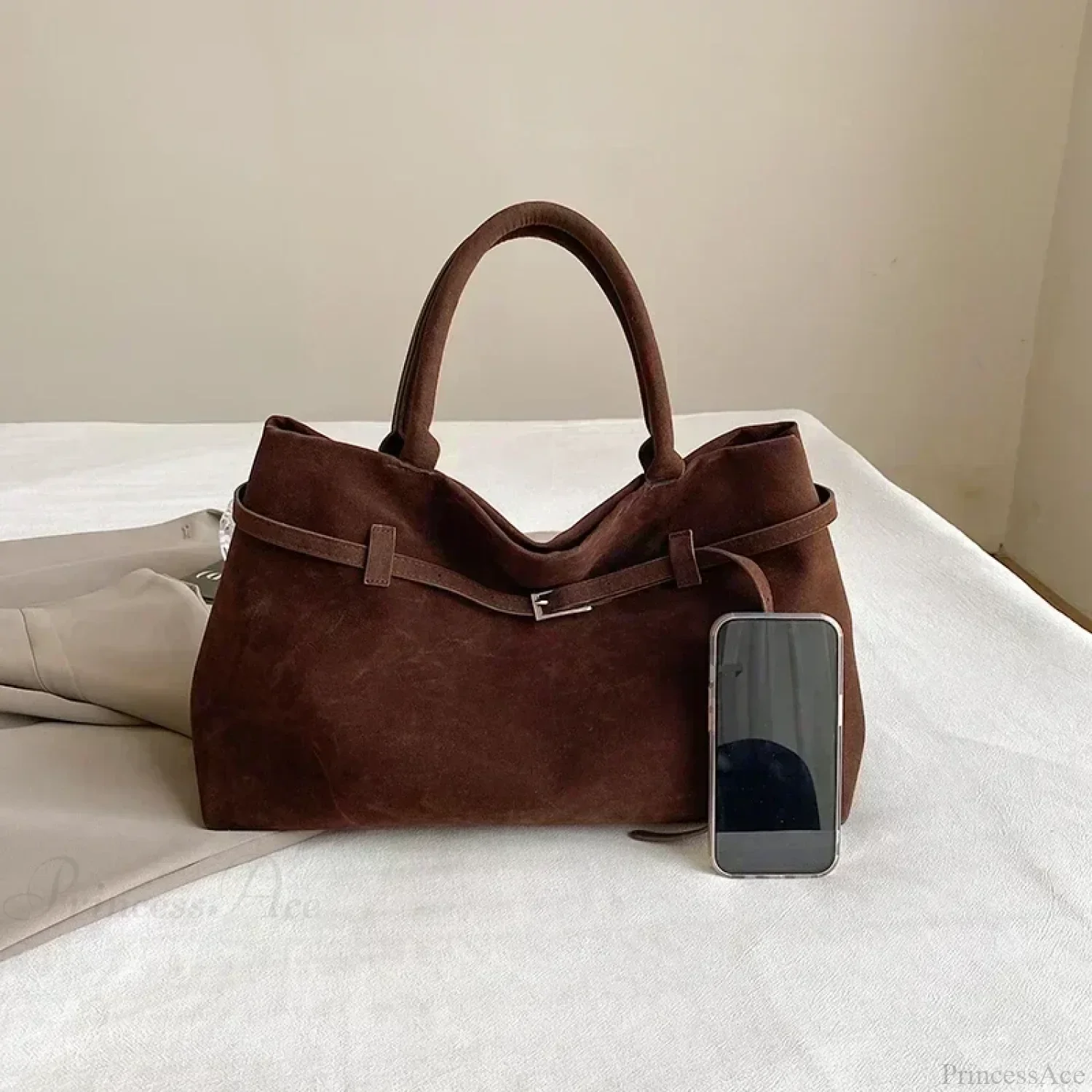 Buckle Decorative Faux Suede Hasp Large Tote Handbag - Image 3