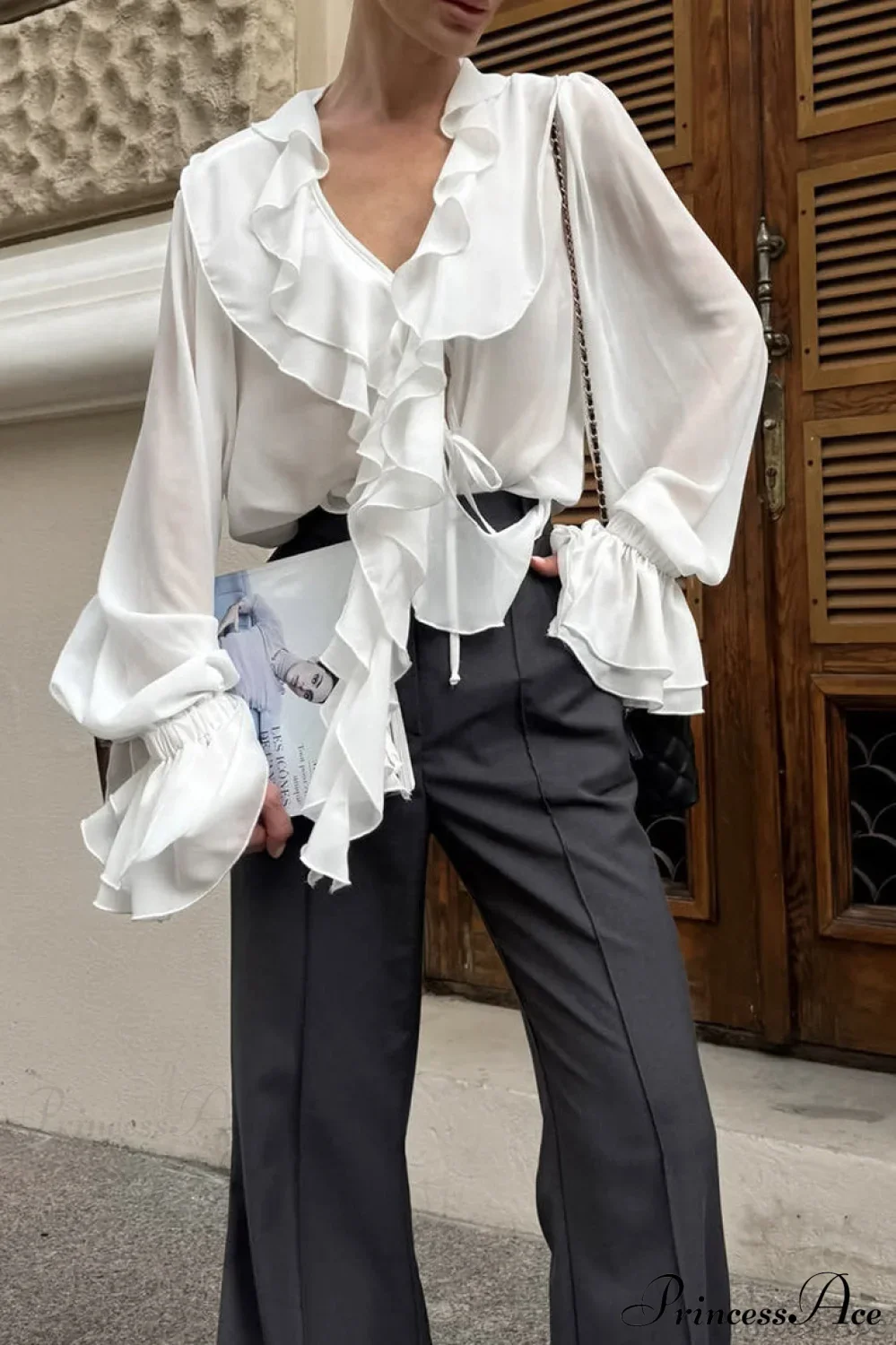 Burgundy Chiffon Ruffled V Neck Tie Blouse