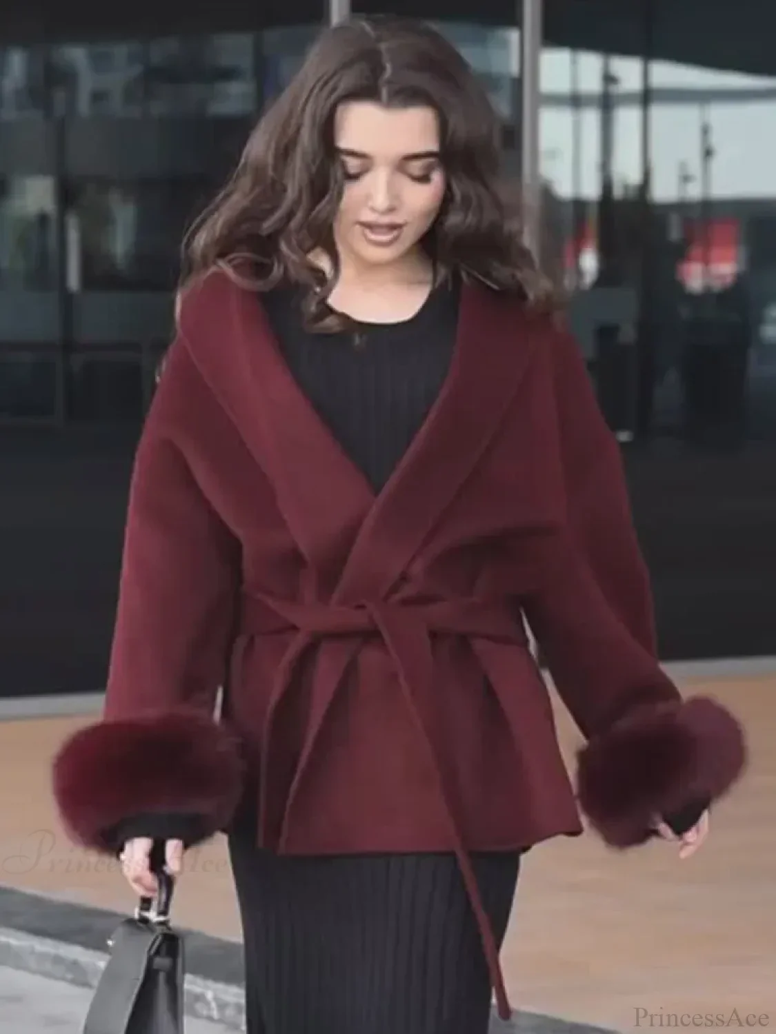 Burgundy Cuffed Woolen Coat - Image 2