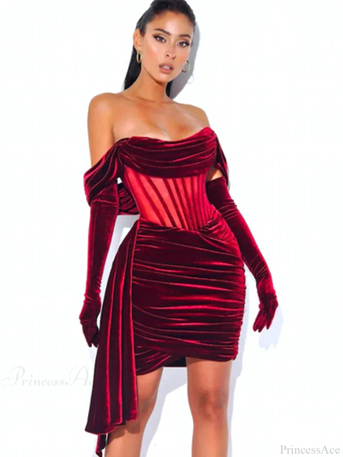 Burgundy Draping Off Shoulder Corset Sexy Velvet Slim Bodycon Mini Party Dress - Image 10