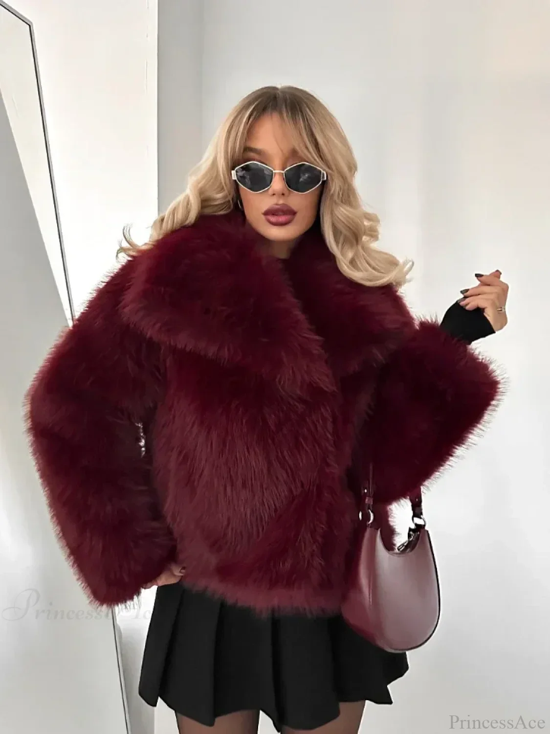 Burgundy Fluffy Lapel Short Coat - Image 2