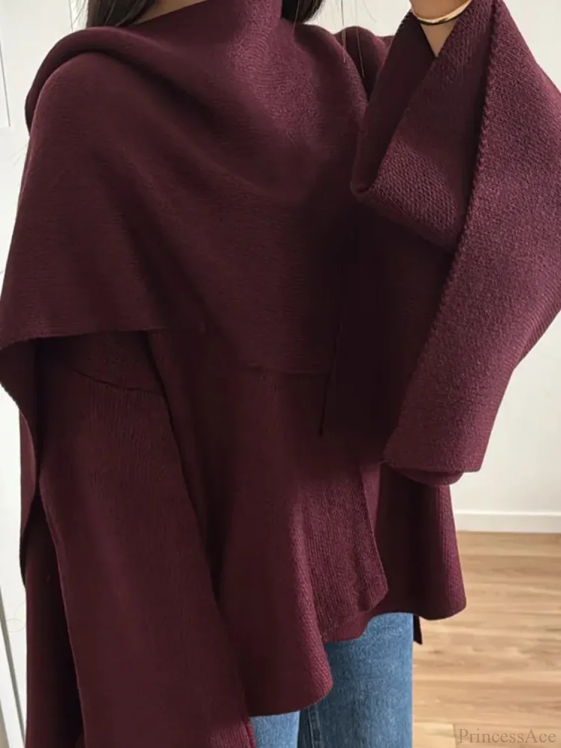 Burgundy Knit Jacket with Scarf Coat - Image 2