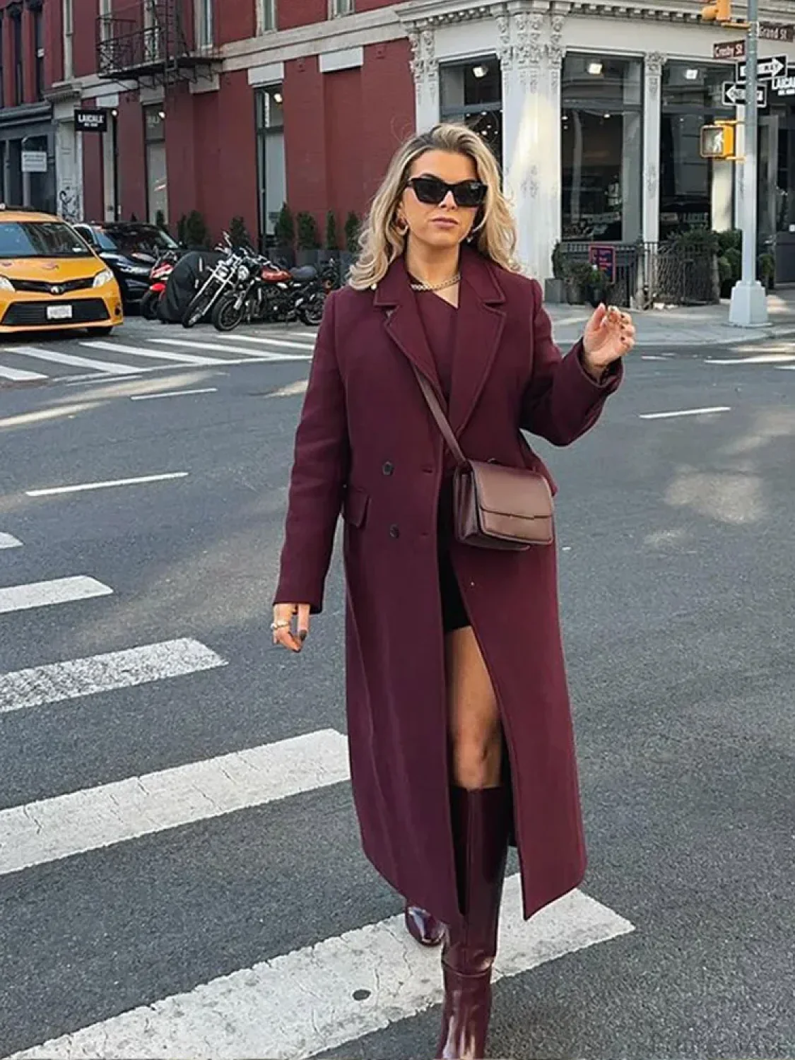Burgundy Lapel Wool Blends Long Coat