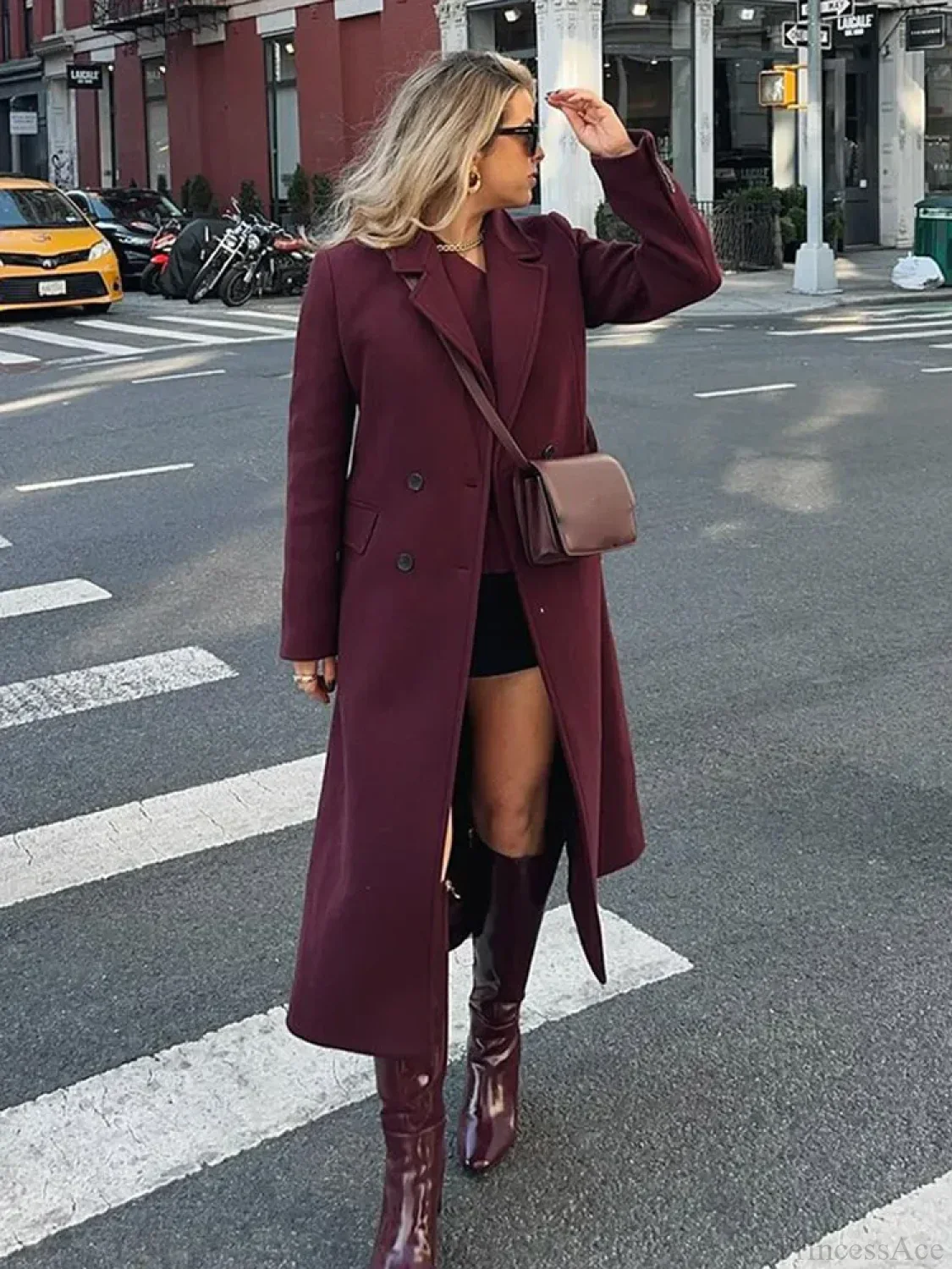 Burgundy Lapel Wool Blends Long Coat - Image 2