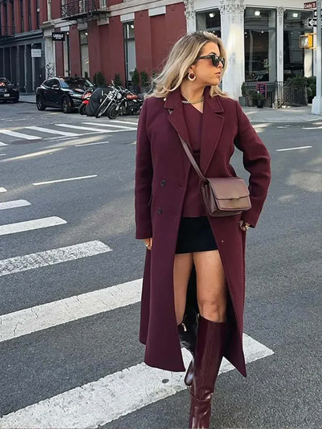 Burgundy Lapel Wool Blends Long Coat - Image 3
