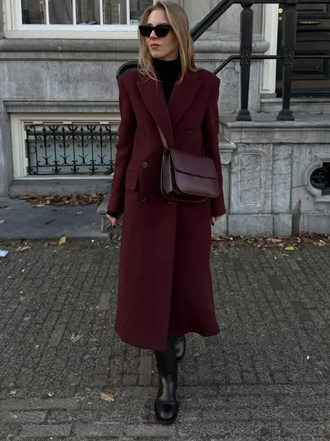 Burgundy Lapel Woolen Double-Breasted Overcoat - Image 5