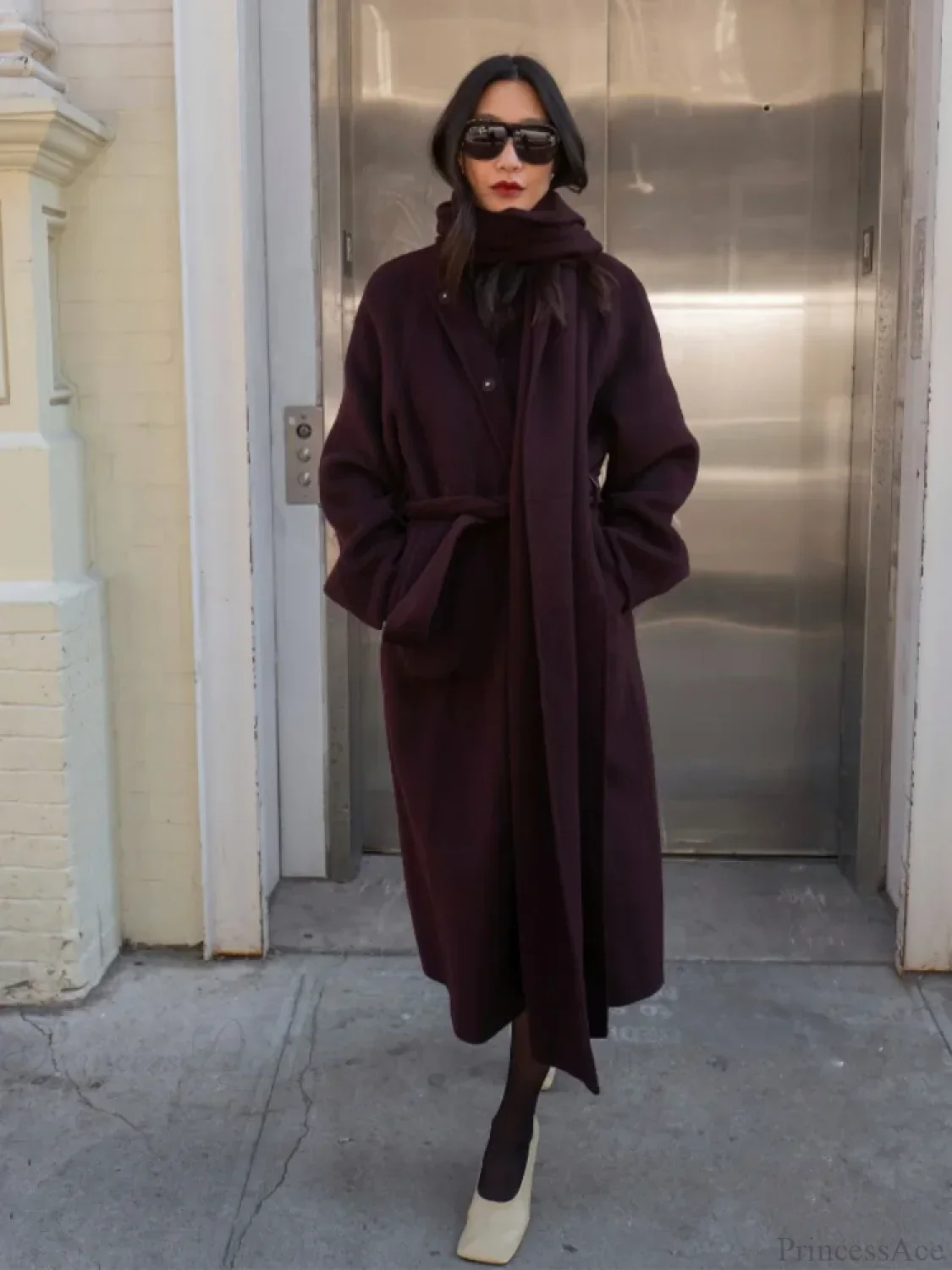 Burgundy Long Sleeve Scarf Wool Coat - Image 2