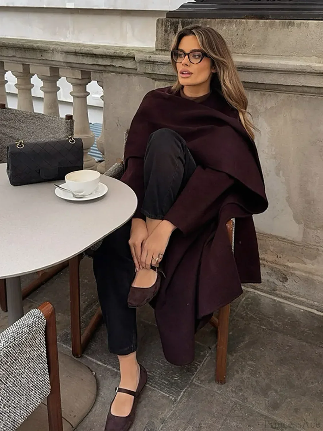 Burgundy Long Sleeve Scarf Wool Coat - Image 4