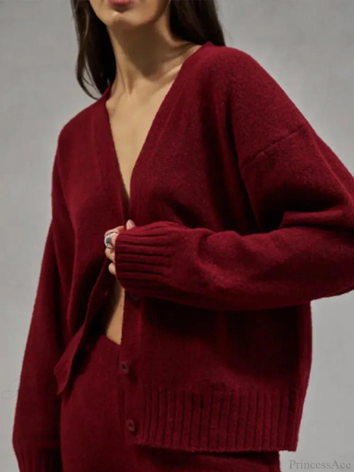 Burgundy Loose V-neck Single Breasted Cardigan - Image 5