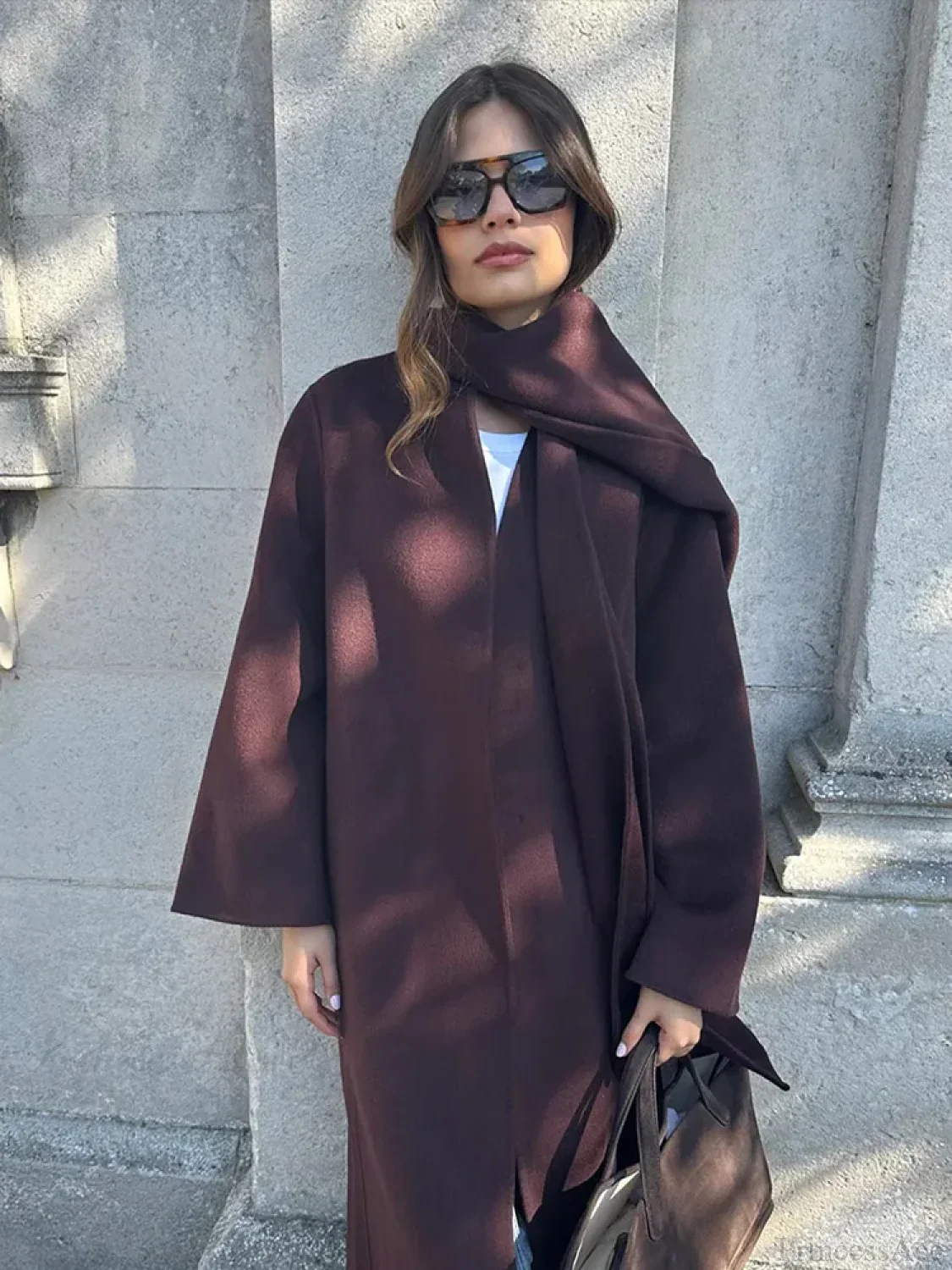 Burgundy Scarf Collar Woolen Coat