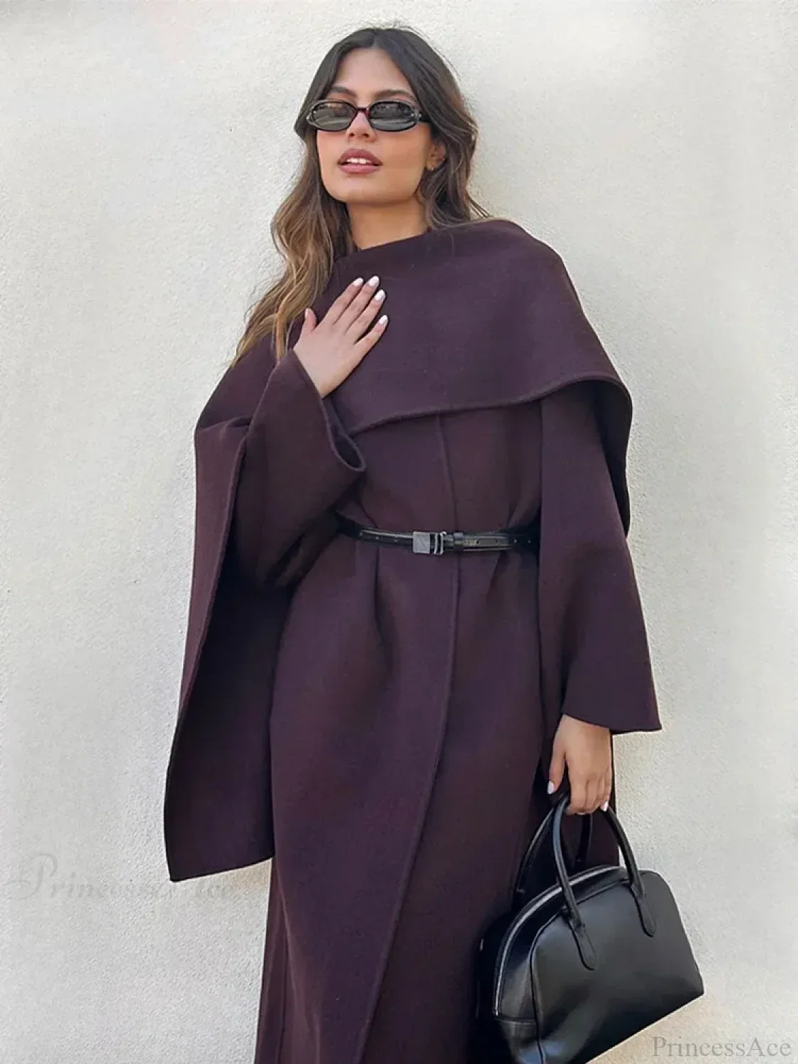Burgundy Scarf Collar Woolen Coat - Image 3