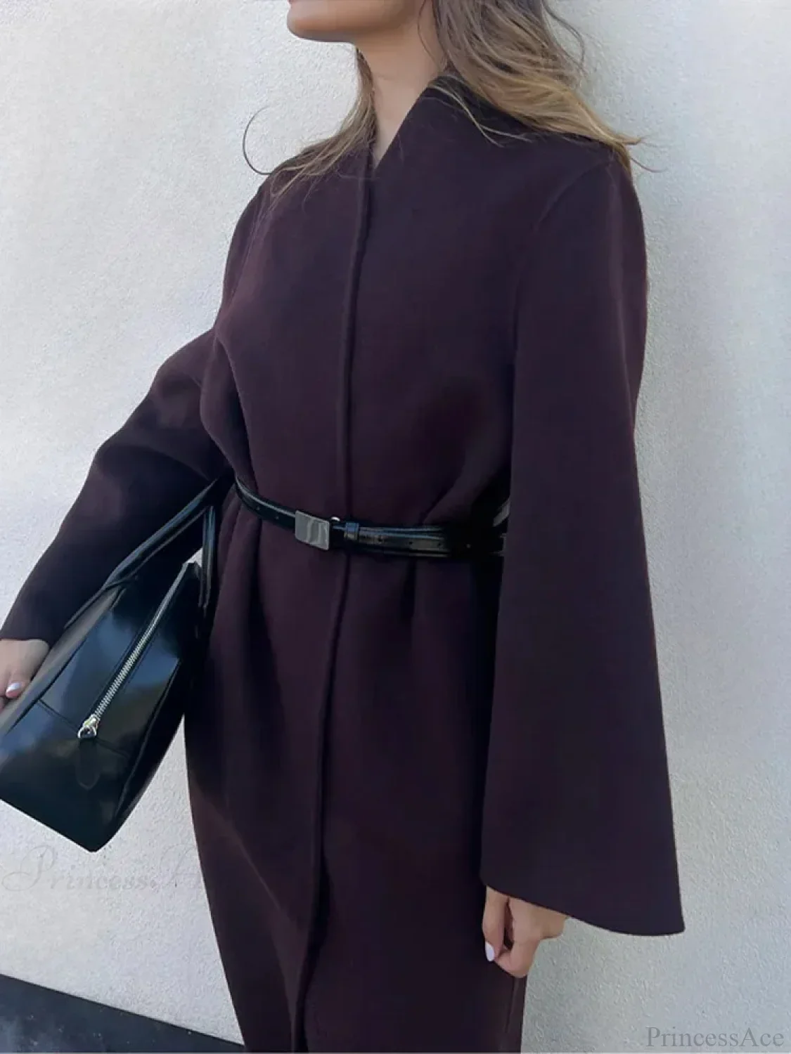 Burgundy Scarf Collar Woolen Coat - Image 6