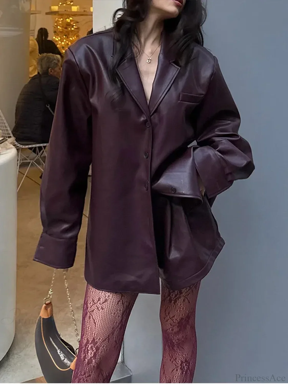 Burgundy Single Breasted PU Leather Coat - Image 2